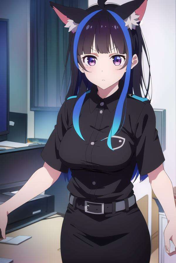 miniyaemori, <lora:miniyaemori-lora-nochekaiser:1>,mini yaemori, long hair, bangs, black hair, blue hair, (purple eyes:1.1), multicolored hair, blunt bangs, streaked hair, ahoge,BREAK skirt, shirt, animal ears, short sleeves, collared shirt, belt, cat ears, black skirt, uniform, animal ear fluff, parody, blue shirt, pencil skirt, black belt, police, police uniform,BREAK looking at viewer,BREAK indoors,BREAK <lyco:GoodHands-beta2:1>, (masterpiece:1.2), best quality, high resolution, unity 8k wallpaper, (illustration:0.8), (beautiful detailed eyes:1.6), extremely detailed face, perfect lighting, extremely detailed CG, (perfect hands, perfect anatomy),