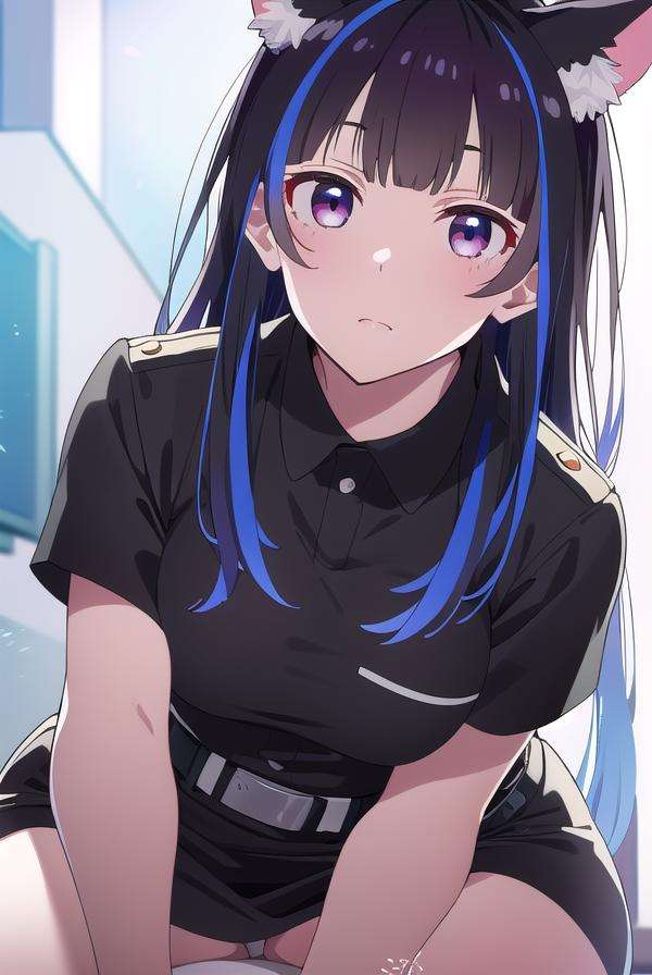 miniyaemori, <lora:miniyaemori-lora-nochekaiser:1>,mini yaemori, long hair, bangs, black hair, blue hair, (purple eyes:1.1), multicolored hair, blunt bangs, streaked hair, ahoge,BREAK skirt, shirt, animal ears, short sleeves, collared shirt, belt, cat ears, black skirt, uniform, animal ear fluff, parody, blue shirt, pencil skirt, black belt, police, police uniform,BREAK looking at viewer,BREAK indoors,BREAK <lyco:GoodHands-beta2:1>, (masterpiece:1.2), best quality, high resolution, unity 8k wallpaper, (illustration:0.8), (beautiful detailed eyes:1.6), extremely detailed face, perfect lighting, extremely detailed CG, (perfect hands, perfect anatomy),