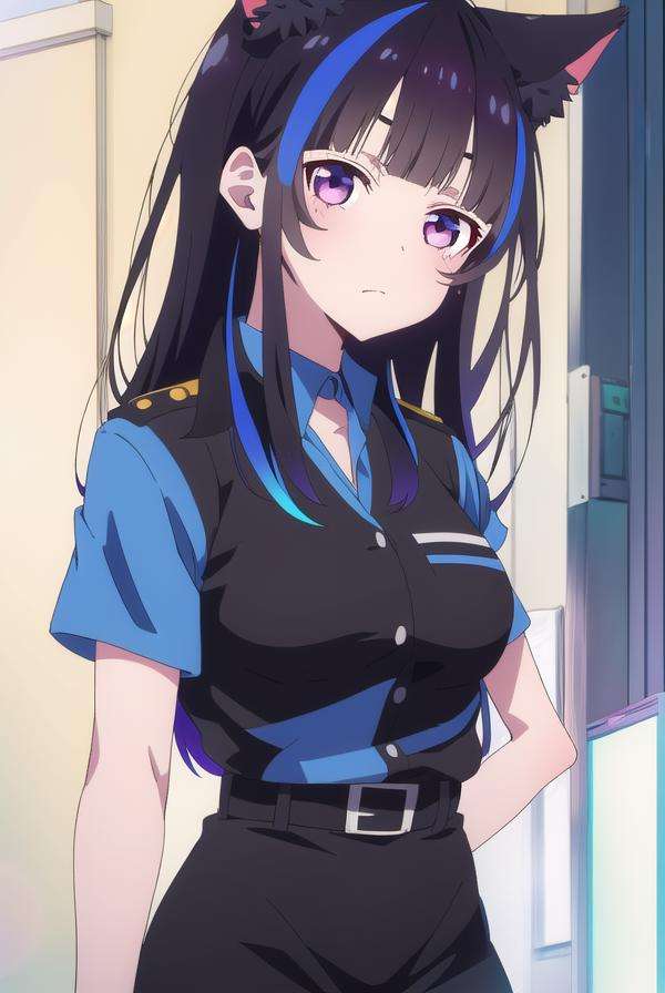 miniyaemori, <lora:miniyaemori-lora-nochekaiser:1>,mini yaemori, long hair, bangs, black hair, blue hair, (purple eyes:1.1), multicolored hair, blunt bangs, streaked hair, ahoge,BREAK skirt, shirt, animal ears, short sleeves, collared shirt, belt, cat ears, black skirt, uniform, animal ear fluff, parody, blue shirt, pencil skirt, black belt, police, police uniform,BREAK looking at viewer,BREAK indoors,BREAK <lyco:GoodHands-beta2:1>, (masterpiece:1.2), best quality, high resolution, unity 8k wallpaper, (illustration:0.8), (beautiful detailed eyes:1.6), extremely detailed face, perfect lighting, extremely detailed CG, (perfect hands, perfect anatomy),