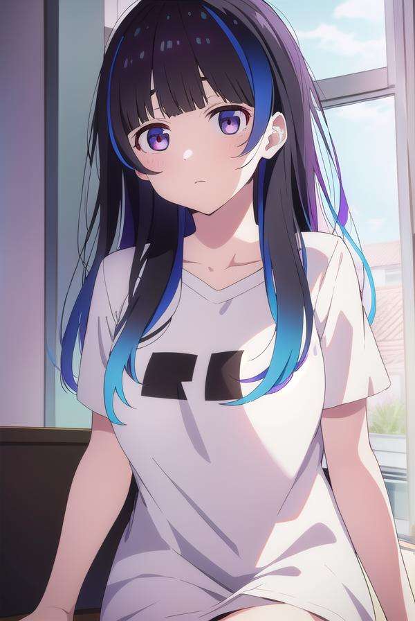 miniyaemori, <lora:miniyaemori-lora-nochekaiser:1>,mini yaemori, long hair, bangs, black hair, blue hair, (purple eyes:1.1), multicolored hair, blunt bangs, streaked hair, ahoge,BREAK shirt, white shirt, short sleeves, clothes writing,BREAK looking at viewer,BREAK indoors,BREAK <lyco:GoodHands-beta2:1>, (masterpiece:1.2), best quality, high resolution, unity 8k wallpaper, (illustration:0.8), (beautiful detailed eyes:1.6), extremely detailed face, perfect lighting, extremely detailed CG, (perfect hands, perfect anatomy),