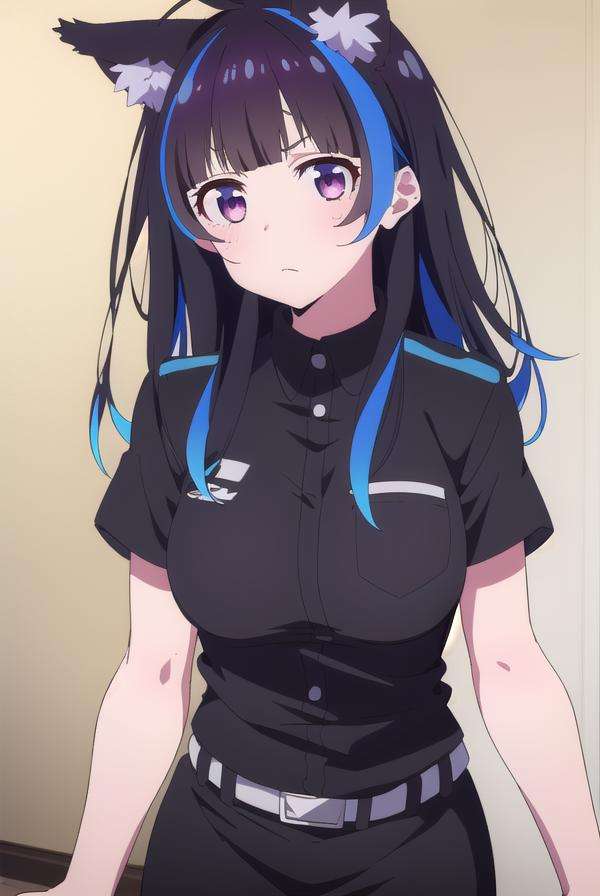 miniyaemori, <lora:miniyaemori-lora-nochekaiser:1>,mini yaemori, long hair, bangs, black hair, blue hair, (purple eyes:1.1), multicolored hair, blunt bangs, streaked hair, ahoge,BREAK skirt, shirt, animal ears, short sleeves, collared shirt, belt, cat ears, black skirt, uniform, animal ear fluff, parody, blue shirt, pencil skirt, black belt, police, police uniform,BREAK looking at viewer,BREAK indoors,BREAK <lyco:GoodHands-beta2:1>, (masterpiece:1.2), best quality, high resolution, unity 8k wallpaper, (illustration:0.8), (beautiful detailed eyes:1.6), extremely detailed face, perfect lighting, extremely detailed CG, (perfect hands, perfect anatomy),