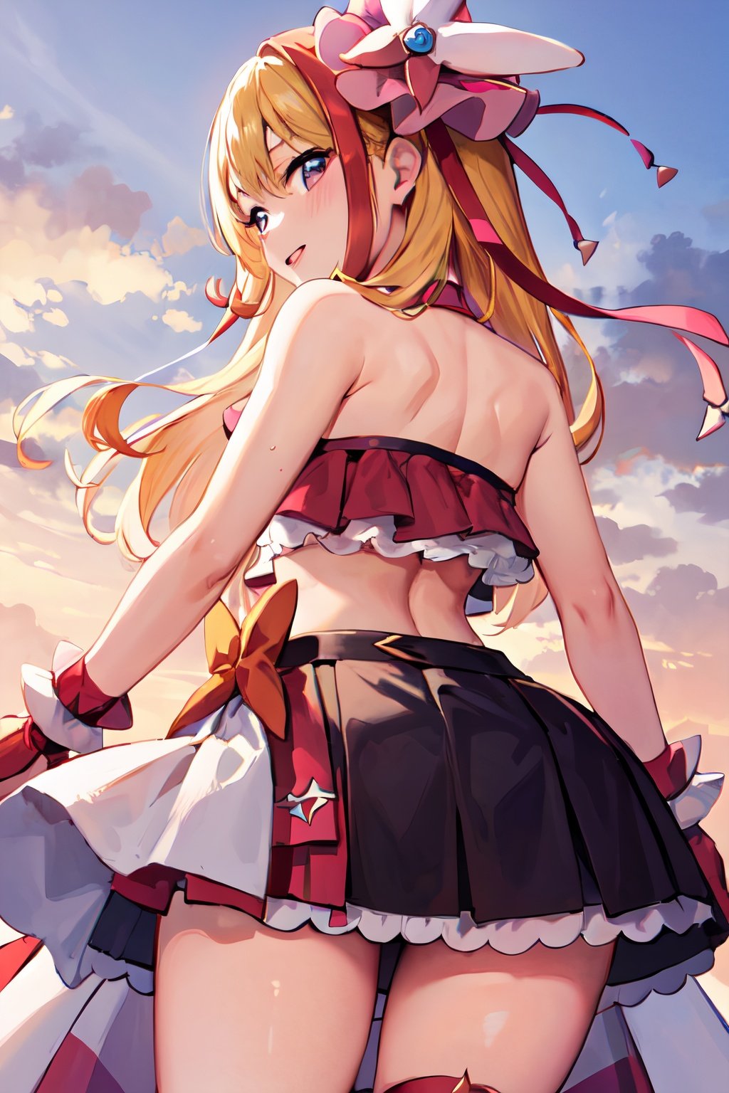 masterpiece, best quality, ageha, magical girl, midriff, skirt, from behind