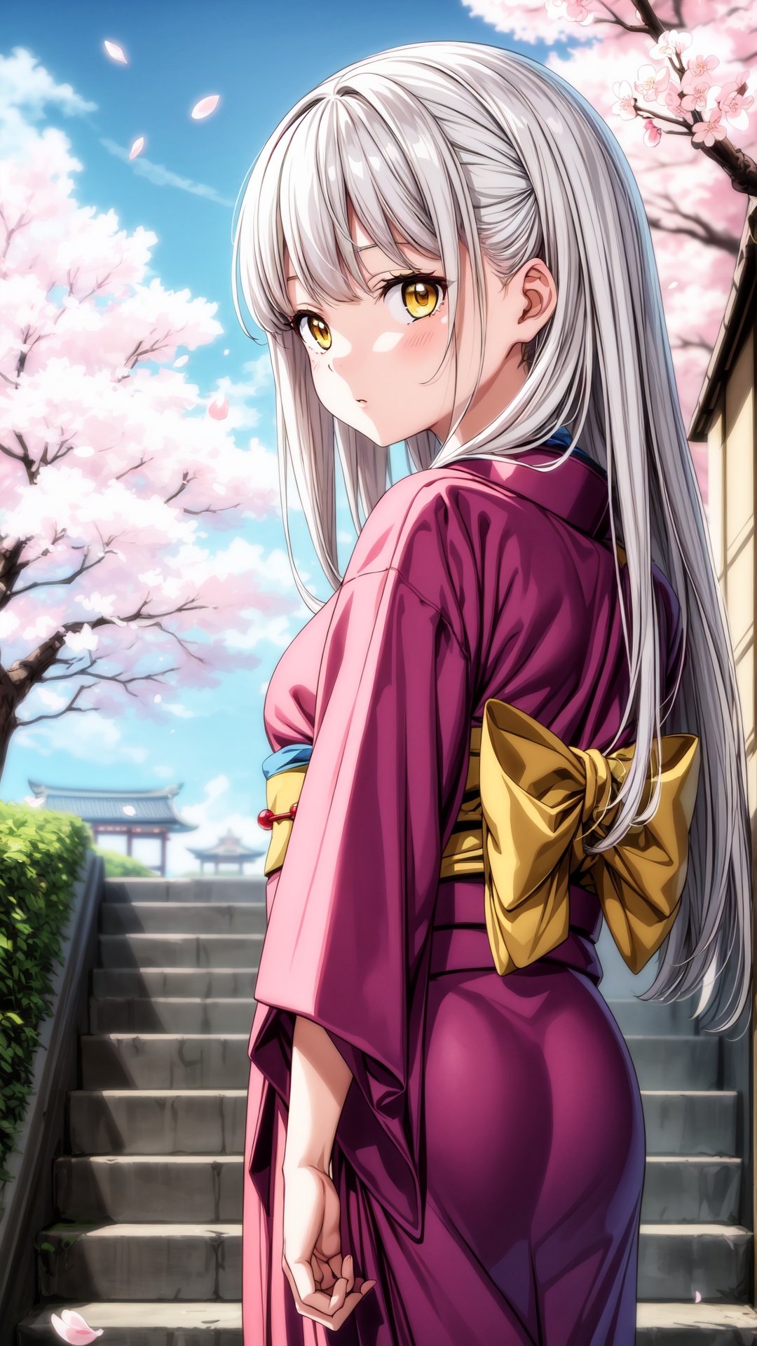 masterpiece, best quality, 1girl, yellow eyes, long hair, white hair, tree, stairs, standing, kimono, sky, cherry blossoms, temple, looking at viewer, upper body, from below, looking back,