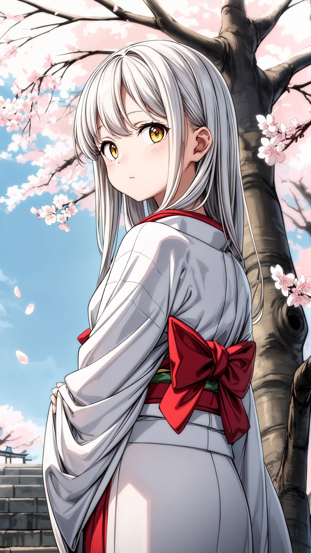 masterpiece, best quality, 1girl, yellow eyes, long hair, white hair, tree, stairs, standing, kimono, sky, cherry blossoms, temple, looking at viewer, upper body, from below, looking back,