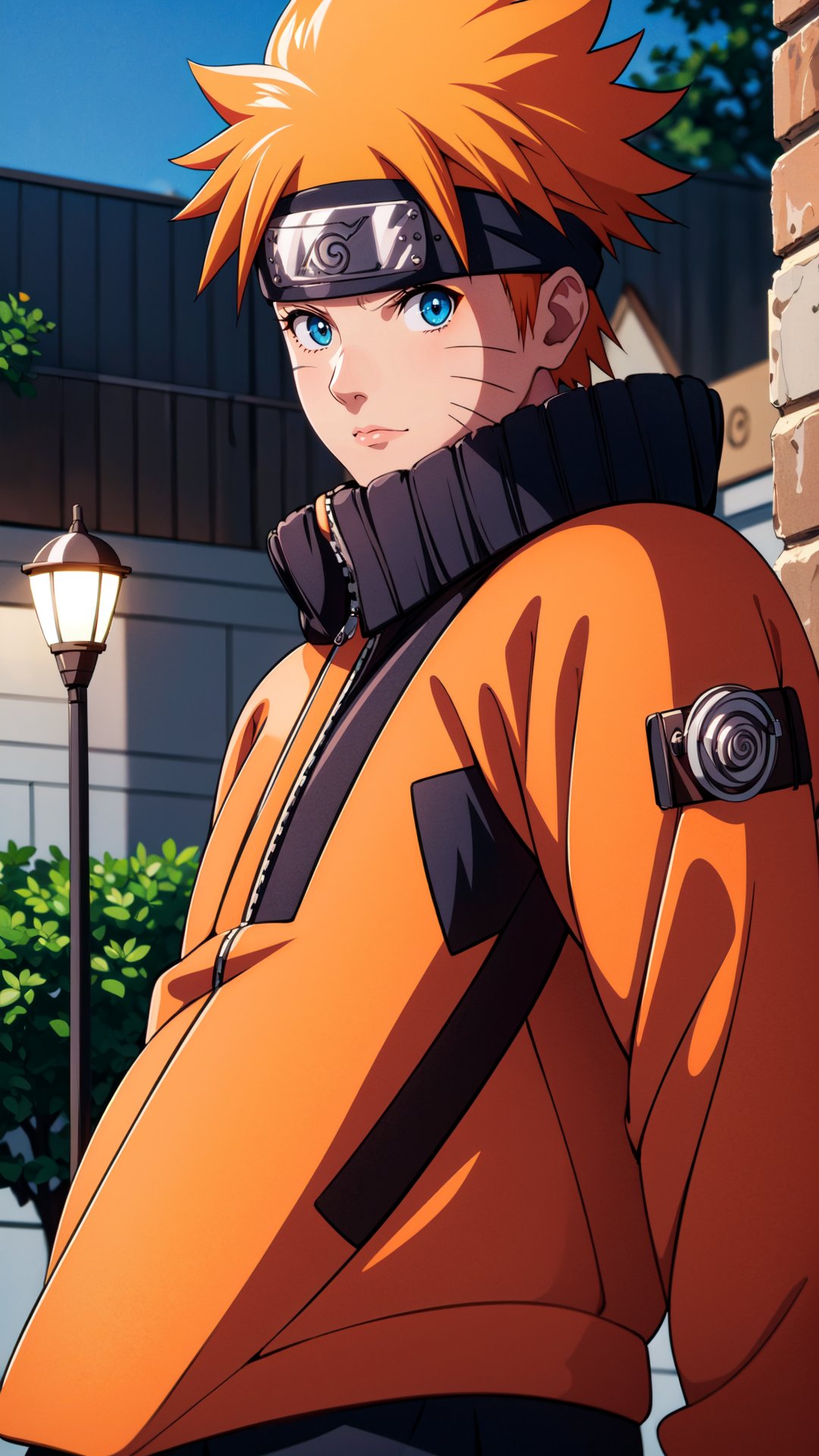 (best quality, masterpiece:1.2), photorealistic, ultra high res, front lighting, intricate detail, Exquisite details and textures, n4rut0, 1boy, (facial mark), solo, whisker markings, forehead protector,spiked hair, (orange hair),looking at viewer, blue eyes, jacket, (konohagakure symbol), short hair, long sleeves, ninja, detailed face, professional lighting, photon mapping, radiosity, physically-based rendering,n4rut0,Germany Male