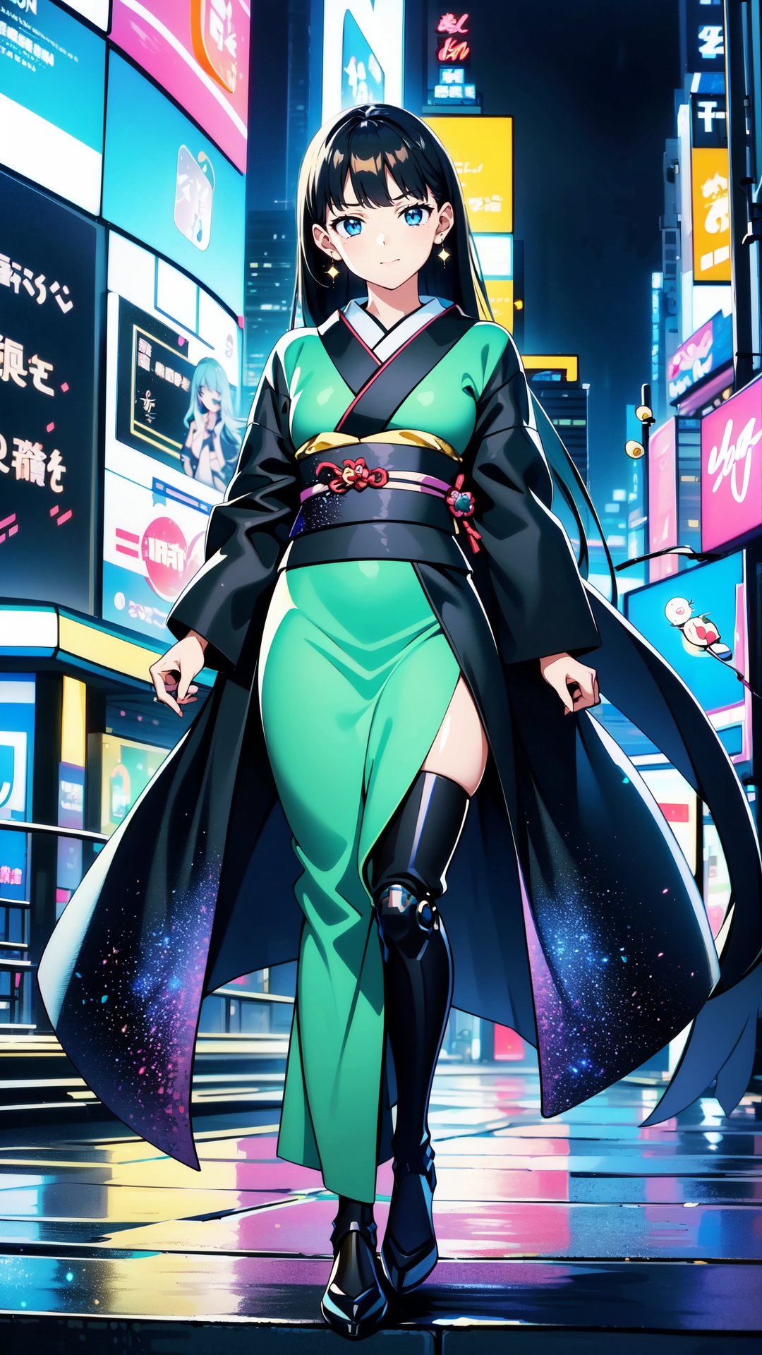 (fashion show theme:1.3), (New York Fashion Week:1.3), (Night Times Square Garden:1.3), full body portrait of a extremely stunnig pretty and beautiful female android, 22yo, Japanese German, Indian Beauty, (mecha musume), (she has a mechanical cyber body, mechanical arms, and mechanical legs), wearing a (fusion of kimono dress and gothic lolita:1.3), perfect face, K-pop girl loli face, perfect eyes, black straight long hair, hime-cut bangs, HD details, high details, sharp focus, studio photo, HD makeup, shimmery makeup, celebrity makeup, ((centered image)), (HD render)Studio portrait, magic, magical, fantasy, light grin smile, Extremely Realistic, stylish moderl posing, she is walking on runway in the middle of the stage.,Cyberpunk,Matrix