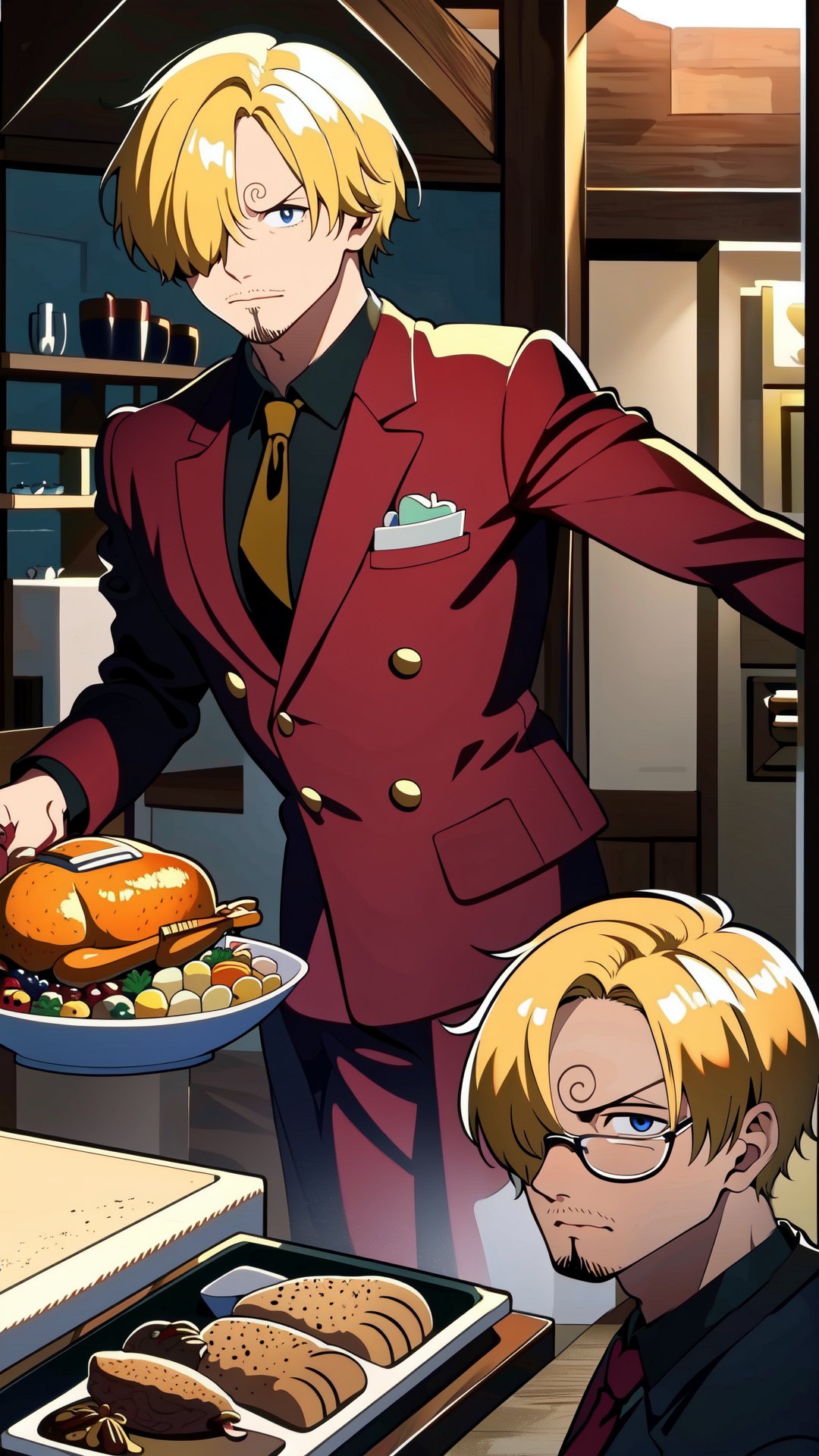 8k, best quality, ultra high res, masterpiece, , sanji2, suit, hair_over_one_eye, yellow hair, eyebrow, black shirts, necktie, Burgundy jacket, facial hair, cowboy shot, cooking, Thanksgiving turkey, roasted turkey, Cyberpunk