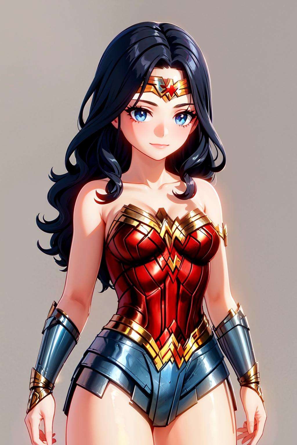 SLE, mksks style, best quality, masterpiece, detailed background, highly detailed, intricate, detailed face, long eyelashes, detailed eyes, (standing, cowboy_shot:1.1),(one girl:1.2), (wonder_woman:1.3), (black_hair:1.2), (wavy_hair:1.1), leotard, light_blue_eyes,(light smile:1.1), <lora:envybetterhandsLocon_beta2:1> <lora:Genshin-LoRA-V2:1>