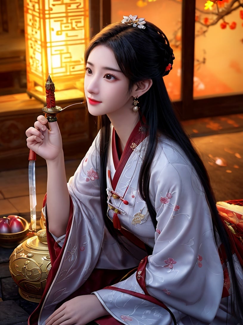 (Drunken with Lights and Swords: 1.8), (Outdoor: 1.8), (Bust Close-up: 2.9), (solo: 3.8), 1 ancient Chinese female warrior Exquisite face, watery big eyes, looking ahead, beautiful, holding a jade bowl, crystal clear bowl, drinking, wearing a sword, drunk, confused expression, Hanfu, classical, medium chest, noble, looking up, holding with one hand, drunk, sexy, jade, earrings, pendants, gorgeous clothing, gorgeous color matching, gorgeous patterns, aristocratic, patterns, decorations, jewelry, hairpins, buns, holding Ancient Wine Pot, Romanticism, Romantic Colors, Classical Poetry, Dream Scenes (Golden Gove and Iron Horse), Drunken, Lying on One's Side, Background (Night, Moonlight, Many Red Lanterns, Dim Lights, Ancient Chinese Architecture, Plum Blossoms), (Ancient Chinese Architecture: 1.8), (Chinese Style: 1.8), (Plum Blossom Scattering: 1.8), (A Branch Full of Plum Blossoms Appears from One Corner of the Picture: 1.8), (Close Up Above Thigh: 1.8), (Close up: 2.8), (Many Red Lanterns: 1.8), (Sword: 1.8), (Ancient Chinese Wine Pot on the Ground: 2.8), (Sword on the Ground: 2.8), (Moonlight: 1.6), (Holding Head with One Hand), (Sitting on a Wild Stone: 2.6), (Looking up and squinting), (Strong Wind: 1.6), (Chinese Classical Style: 1.6), Drunken, (Crystal Clear Jade Bowl: 1.6), (Drunken: 1.8), Liquor Sprinkled, (Plum Blossom: 1.6), (Night: 2.7), (Master Light: 1,9), (Master Color: 1.9), (Master Composition: 1.9),(Masterpiece), best, 8k wallpaper,(realistic:1.2),illustrations, high-definition image quality, full of storytelling, complex backgrounds,exquisite details, rich visual effects, bright colors, layered highlights, shadows and details, as well as cinematic quality, exquisite and complex, master works, official works, master lighting, movie composition, movie lighting, master composition, master color scheme, 16K, ultra clear, Wallpaper,smile,<lora:add_detail:0.65>,<lora:墨彩环汉服花朵头饰:0.8>