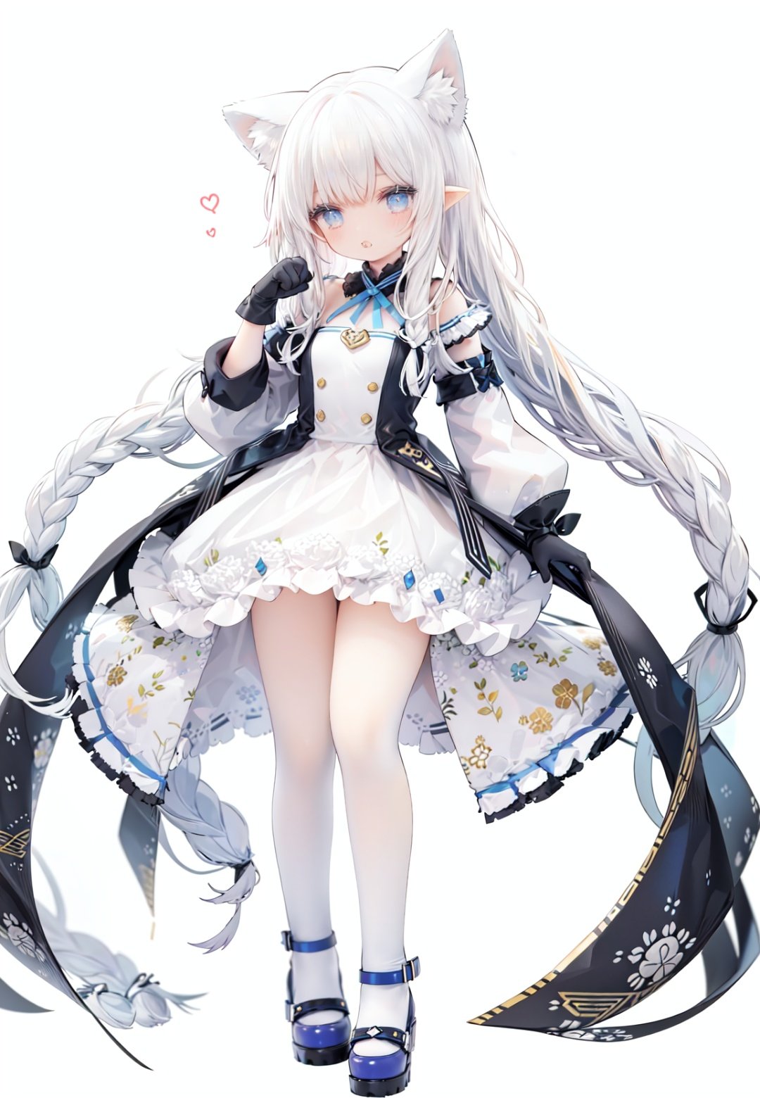 1girl, white_gloves, braid, full_body, gloves, long_hair, official_alternate_costume, pointy_ears, simple_background, solo, standing, very_long_hair, white_background,white hair,blue eyes,paw claw pose, open_mouth,