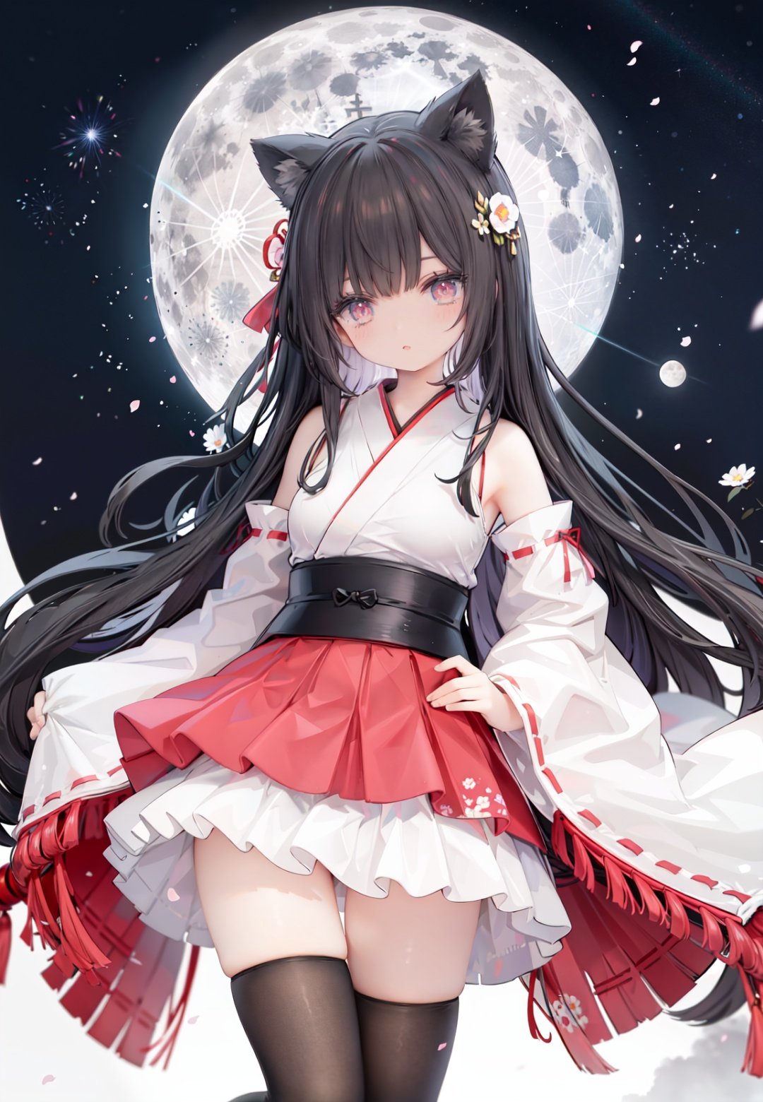 1girl, long hair, solo, thighhighs, black hair, hair ornament, moon, japanese clothes, skirt, detached sleeves, white thighhighs, miko, hakama short skirt, hair flower, very long hair, ribbon trim, ribbon-trimmed legwear, full moon, hakama skirt, hakama, brown eyes, outdoors, night, standing, looking at viewer, flower, hand on hip, tree, red skirt, sky, wide sleeves, smile, ribbon-trimmed sleeves, star (sky), fence, blush, bangs, zettai ryouiki, bare shoulders, night sky, red eyes, nontraditional miko, red hakama, thighs, closed mouth