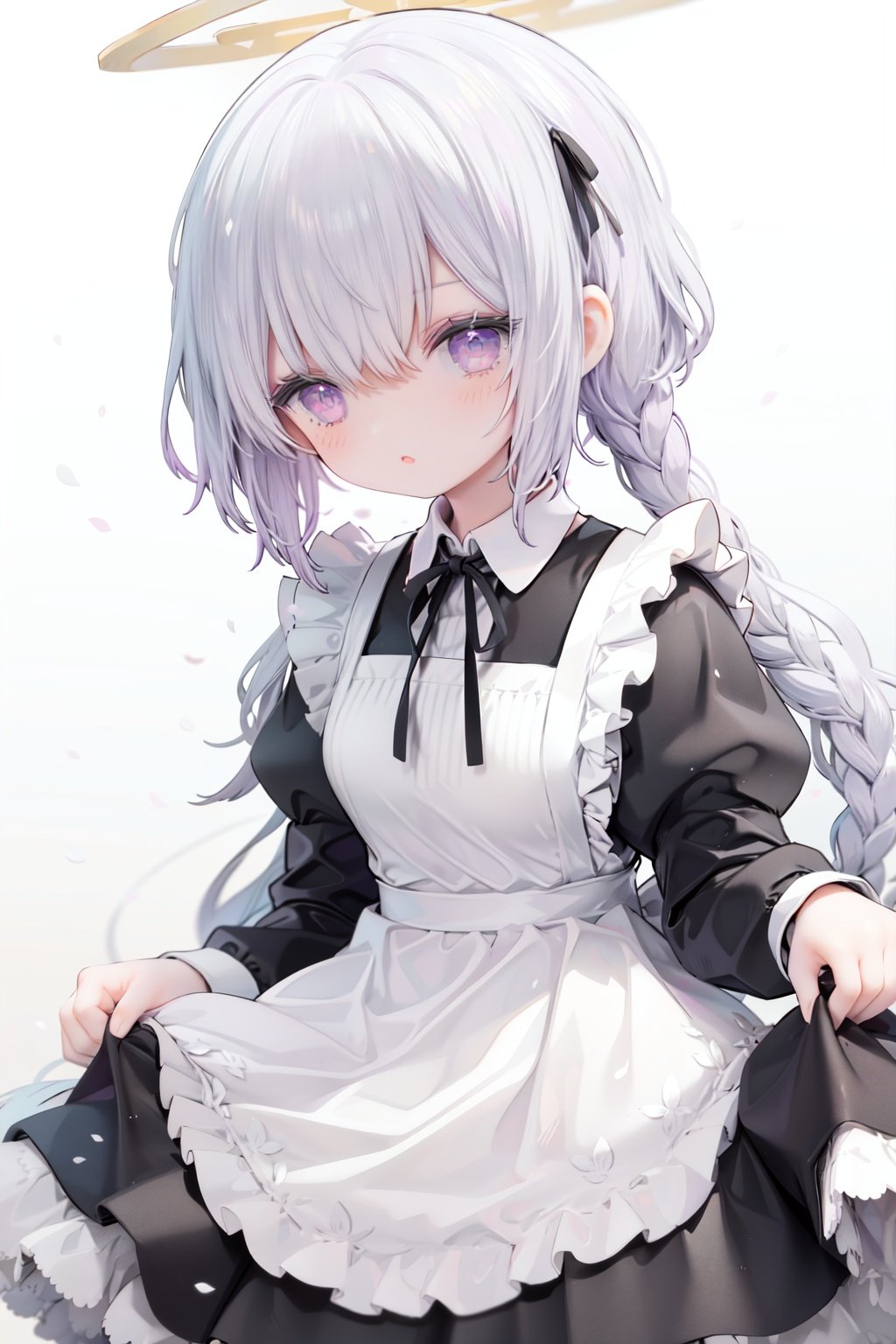 1girl, solo, apron, long hair, hair over one eye, white background, frills, braid, halo, long sleeves, dress, simple background, white hair, white apron, puffy sleeves, very long hair, frilled apron, maid, purple eyes, ribbon, parted lips, maid apron, bangs, juliet sleeves, black dress, neck ribbon, looking at viewer, single braid, blush