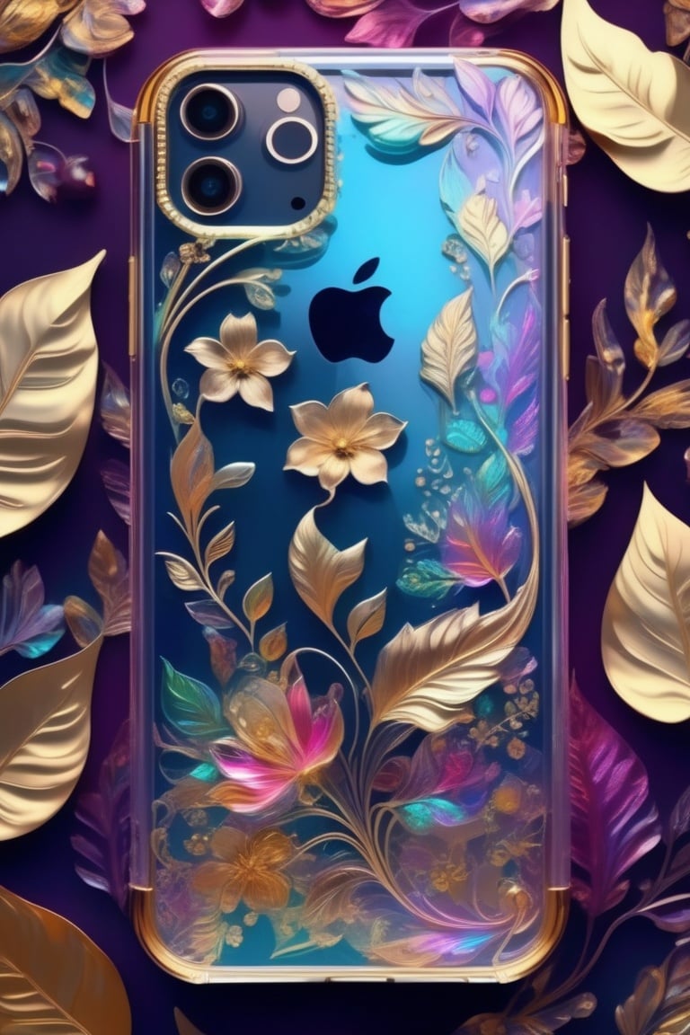 (Iphone:1.2) made glossy paint and colorful transparent, golden metal floral and leaf pattern, flower, no humans, fantasy, ultra detail,