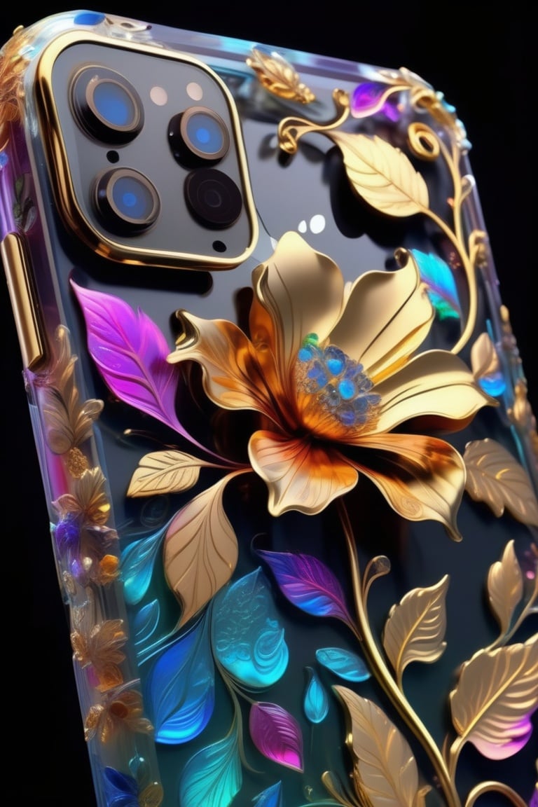 (Iphone:1.2) made glossy paint and colorful transparent, golden metal floral and leaf pattern, flower, no humans, fantasy, ultra detail,