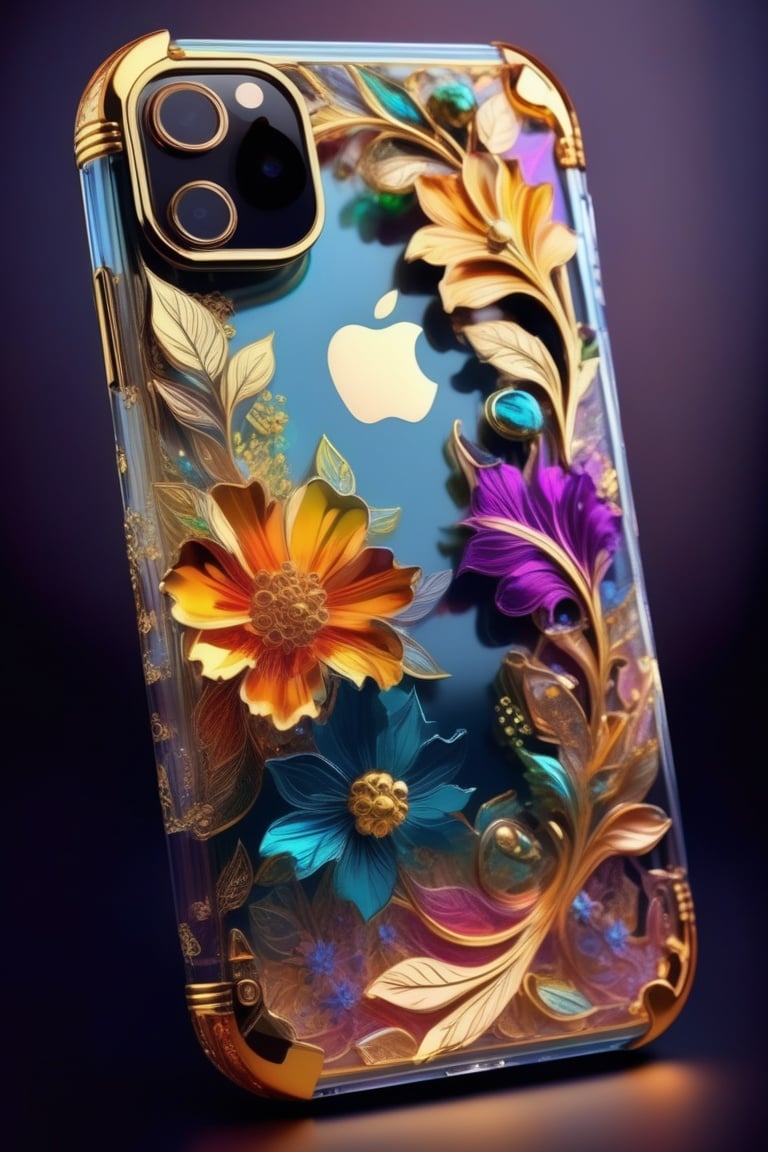 (Iphone:1.2) made glossy paint and colorful transparent, golden metal floral and leaf pattern, flower, no humans, fantasy, ultra detail,