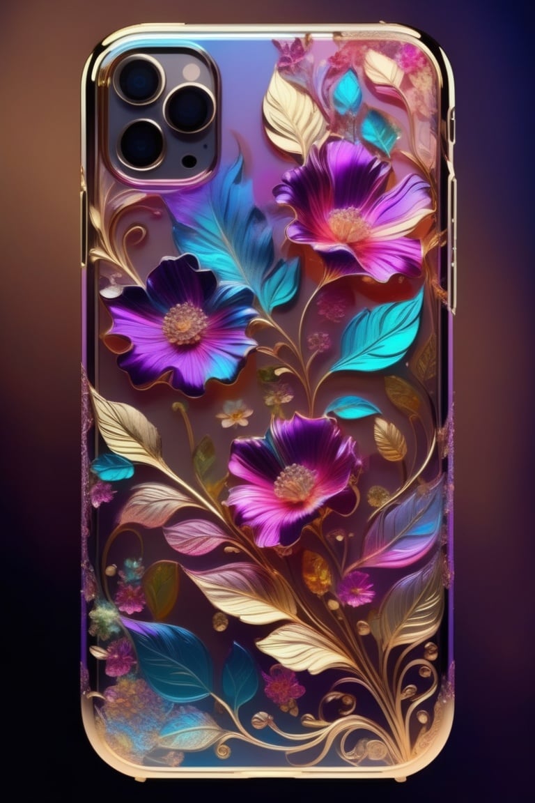 (Iphone:1.2) made glossy paint and colorful transparent, golden metal floral and leaf pattern, flower, no humans, fantasy, ultra detail,