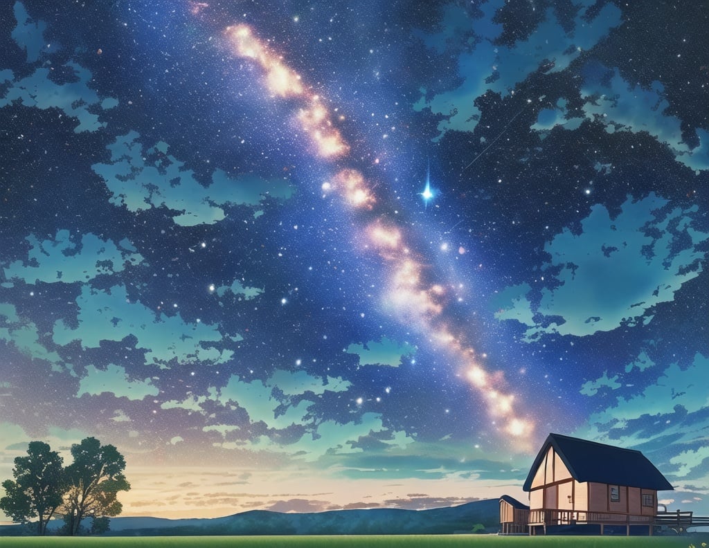 Starry sky,cottage,shooting star,clouds