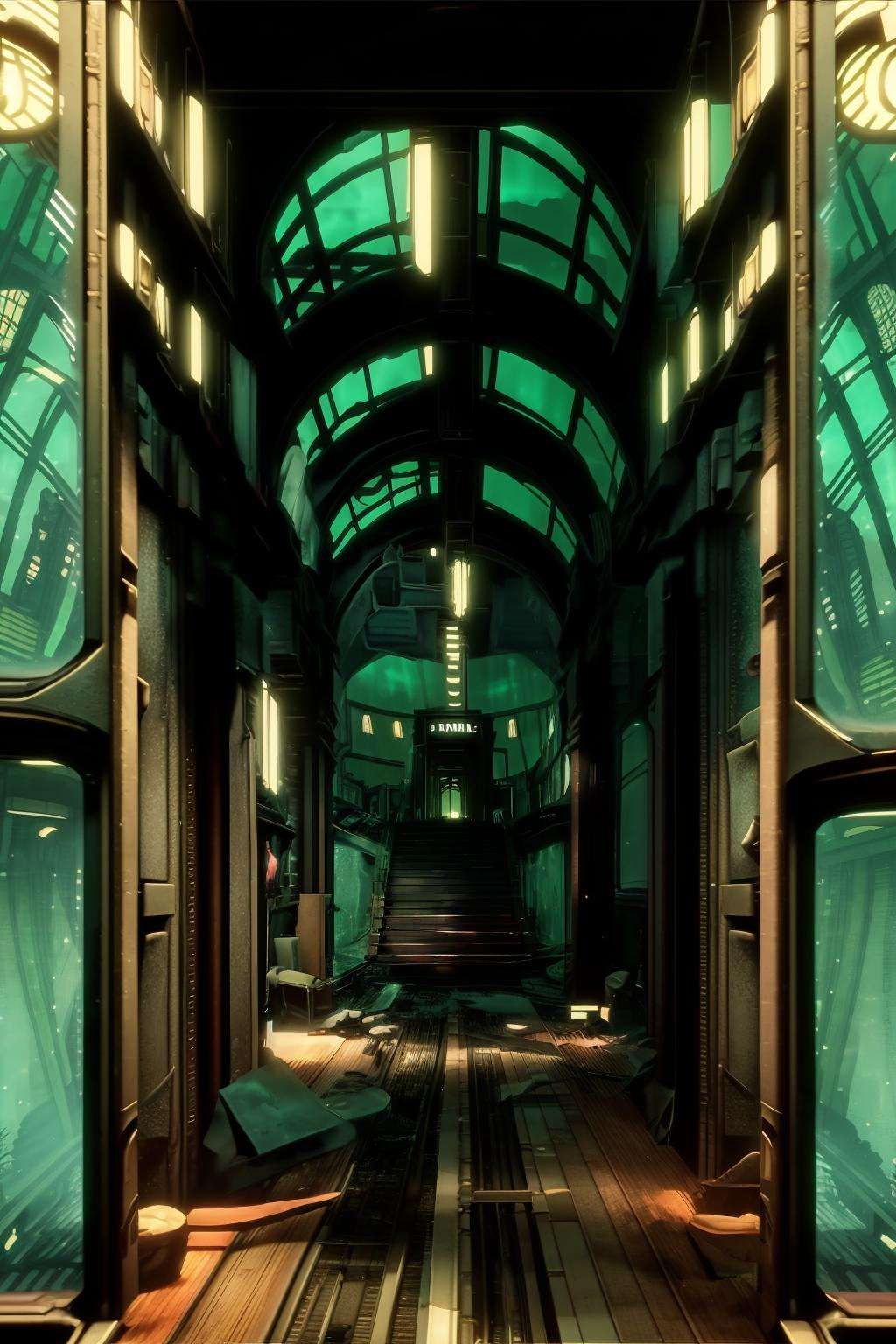 a train is going down a track in a city , solo, indoors, blurry, no humans, night, scenery, science fiction, tiles, dark , cinematic from Bioshock game series, rapture