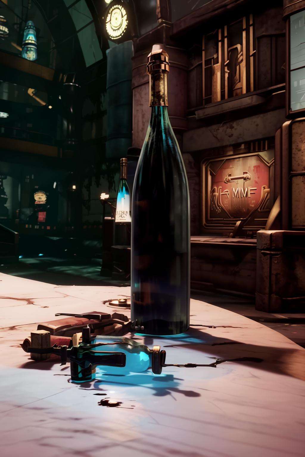 a bottle of wine and a remote control on a table , weapon, indoors, gun, no humans, table, bottle, scenery , cinematic from Bioshock game series, rapture