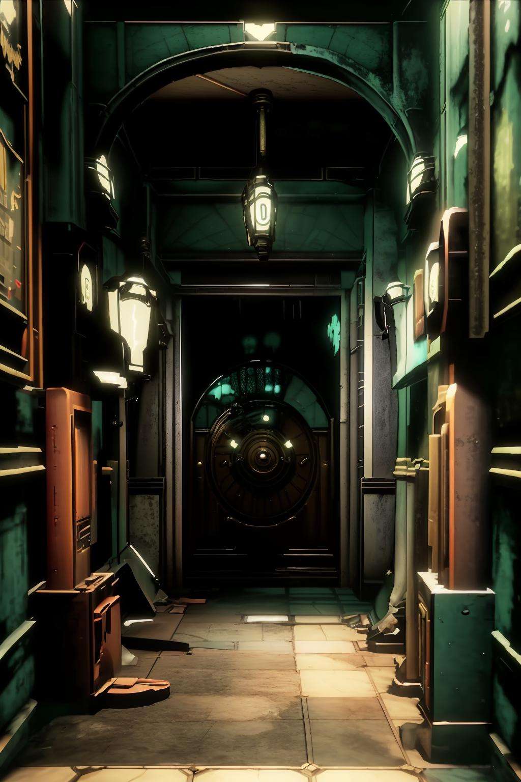 a hallway with a door and a fire hydrant , indoors, english text, no humans, scenery, door, light , cinematic from Bioshock game series, rapture