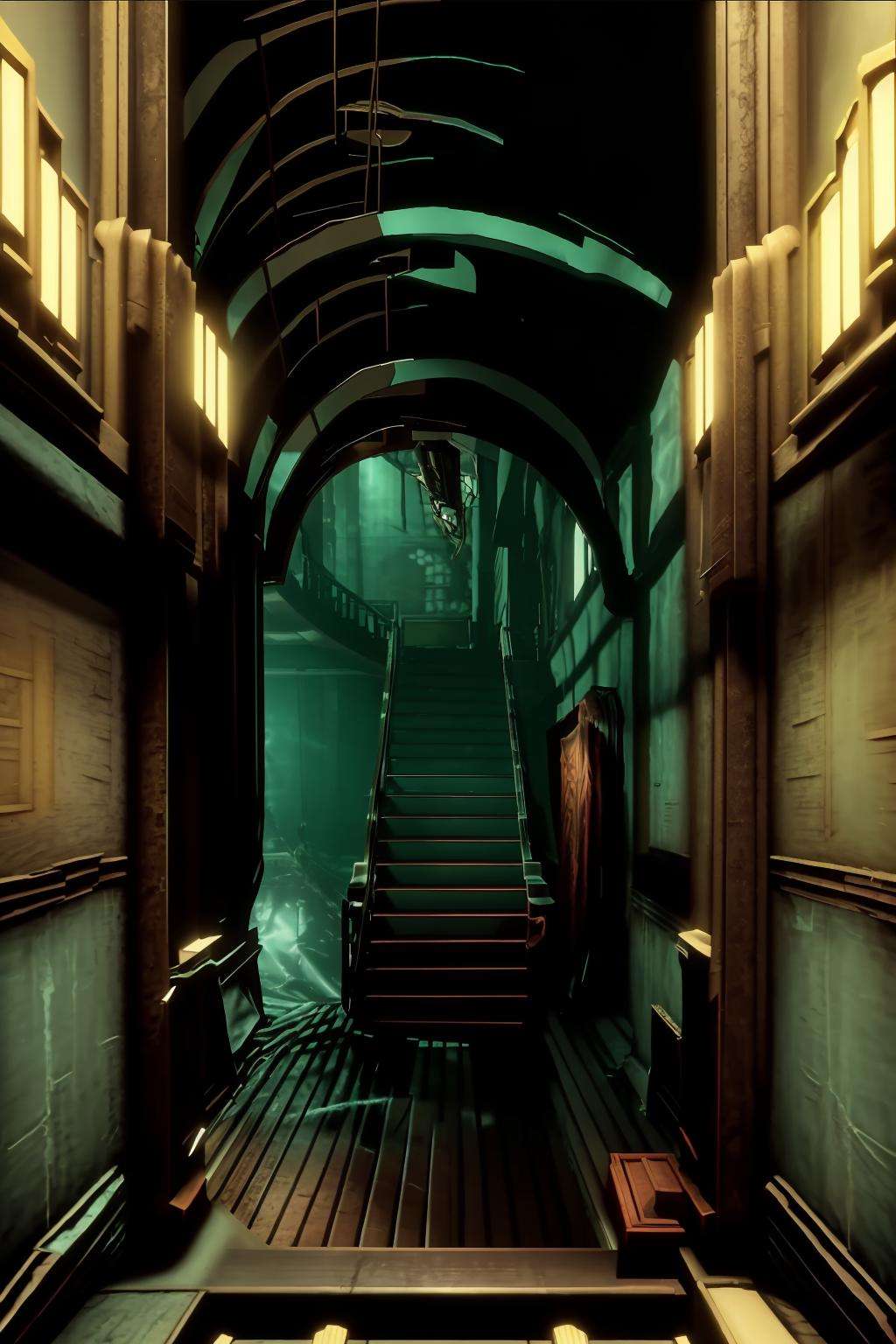 a dark hallway with a staircase and a set of stairs , indoors, no humans, window, night, building, scenery, stairs, door, light, dark, hallway , cinematic from Bioshock game series, rapture