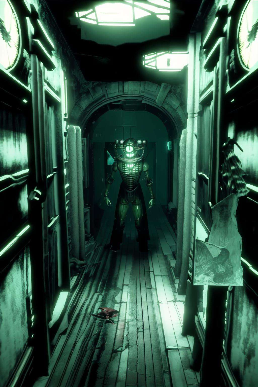 a creepy looking hallway with a creepy looking person , a creepy looking creature standing in a room , cinematic from Bioshock game series, rapture