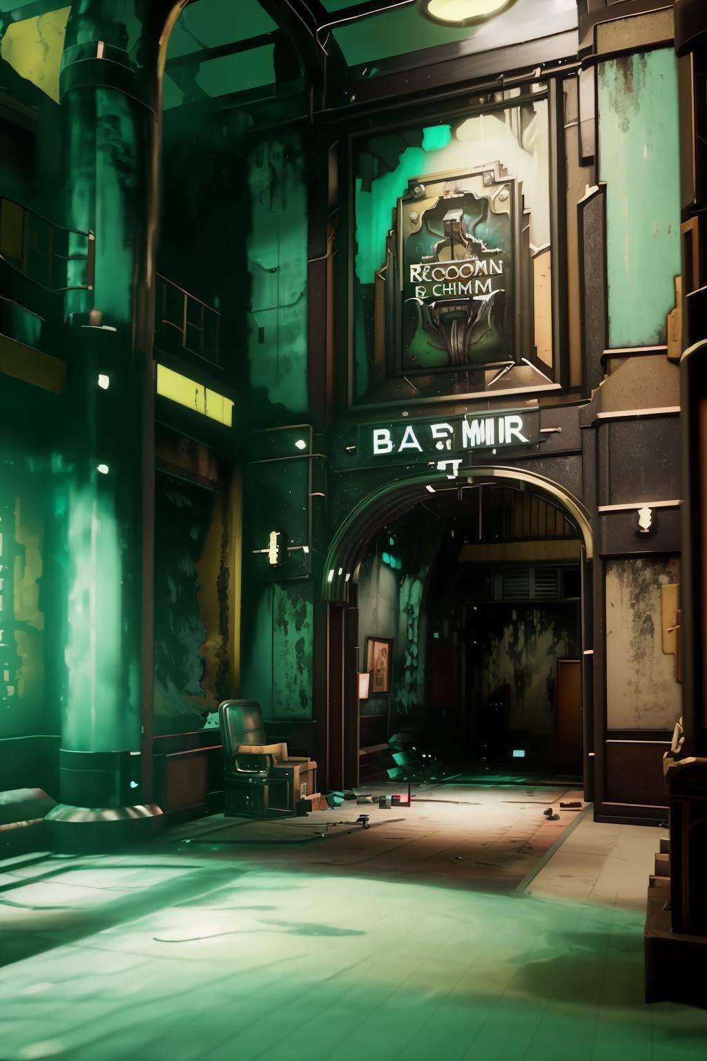 a room with a bar and a large painting , indoors, english text, no humans, scenery, light, paintbrush, statue , cinematic from Bioshock game series, rapture