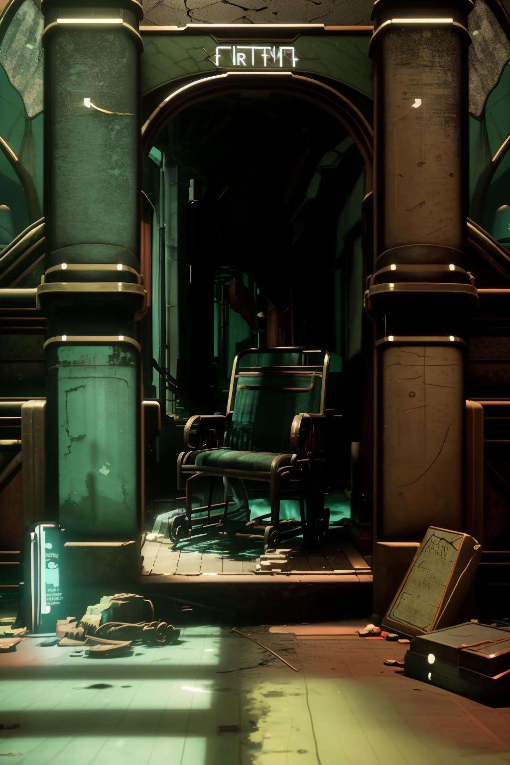 a room with a chair and a sign that says medical pavilion , a train is coming down the tracks in a tunnel , cinematic from Bioshock game series, rapture