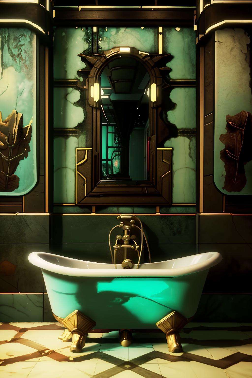 a bathroom with a bathtub and a painting on the wall , indoors, no humans, scenery, reflection, mirror, tiles, dark, bathroom, bathtub, tile wall, sink, faucet , cinematic from Bioshock game series, rapture