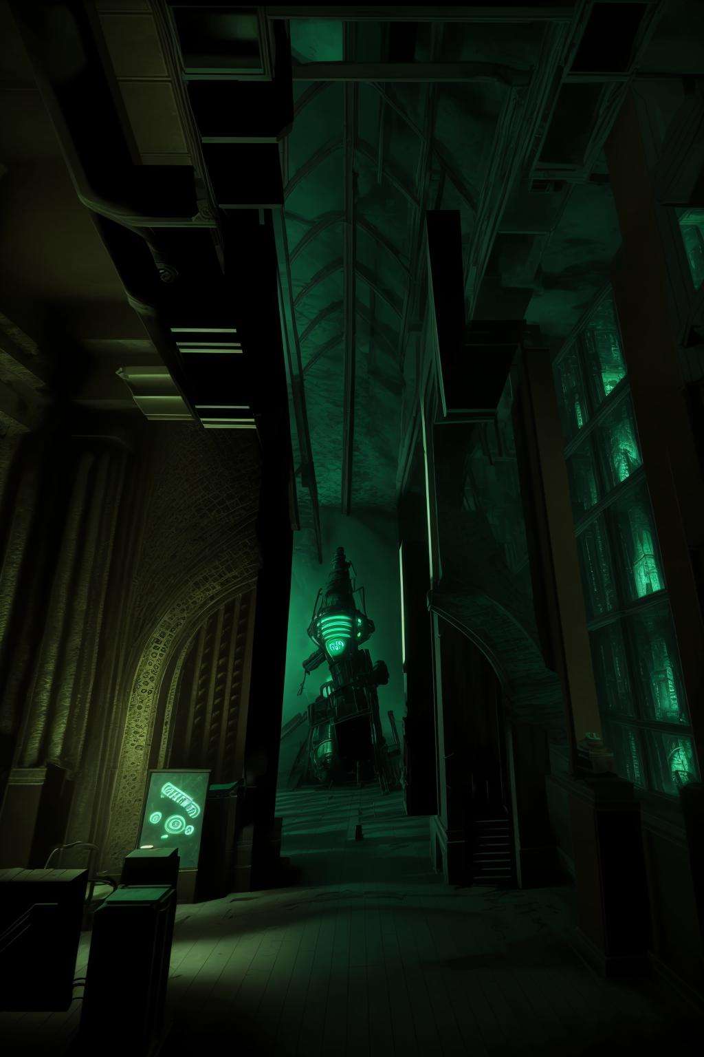 a large room with a large painting on the wall , no humans, window, night, building, scenery, light, lamp , cinematic from Bioshock game series