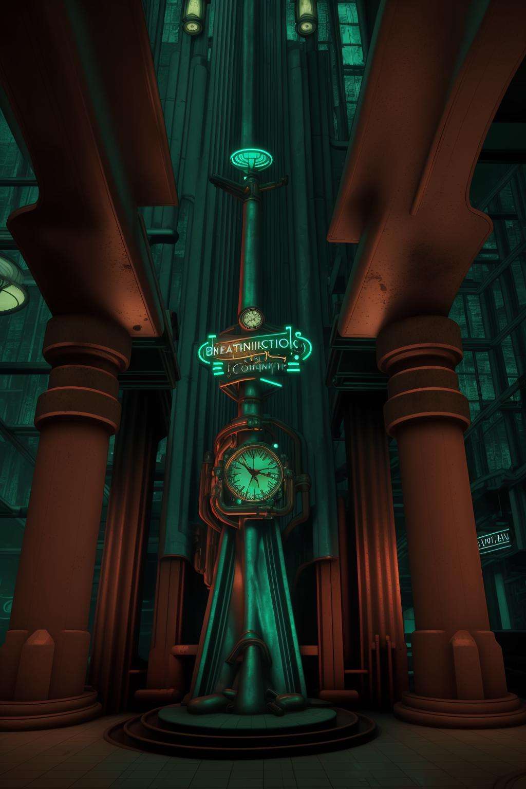 a lit candle is in front of a poster , a train station with a clock and a neon sign , cinematic from Bioshock game series