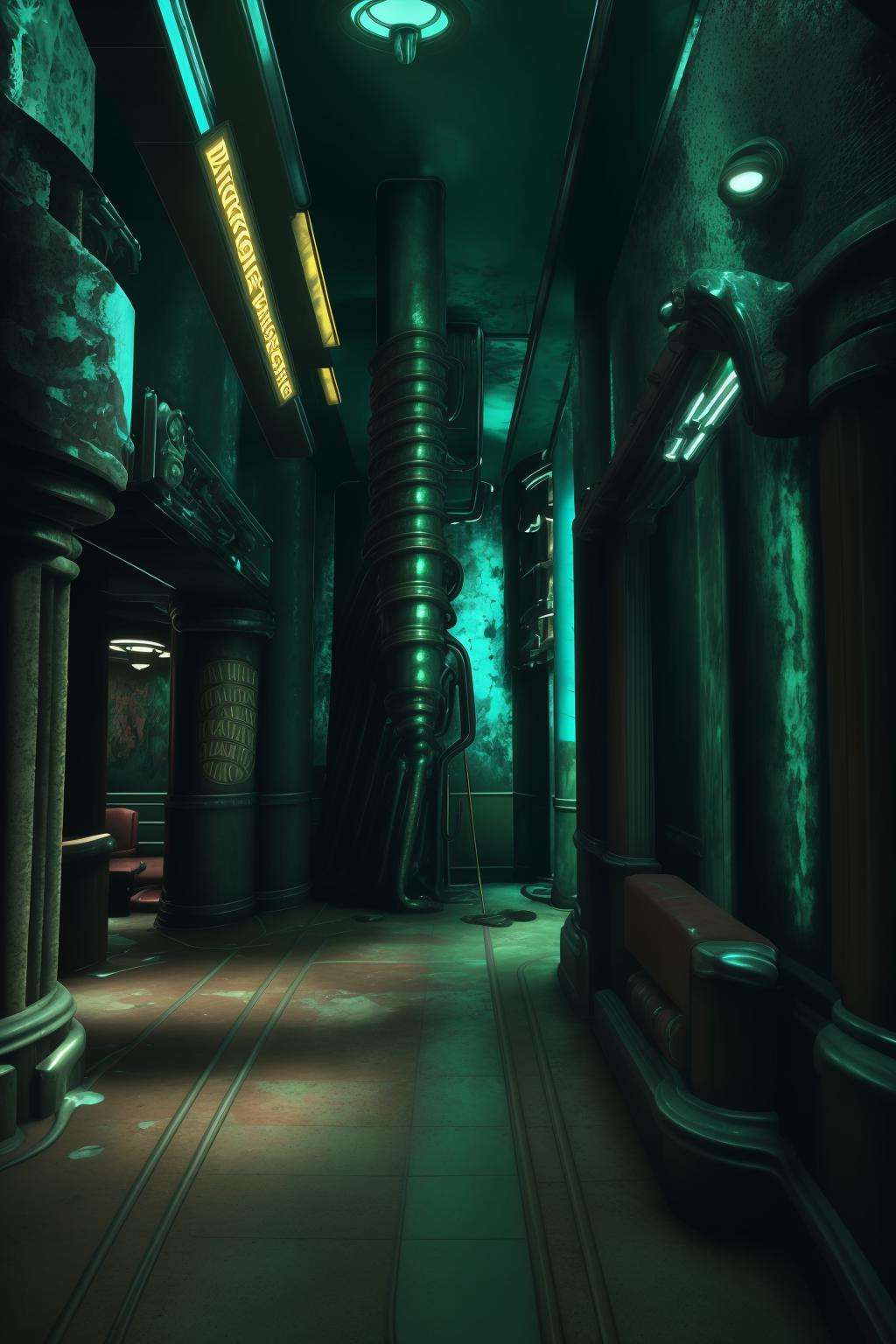 a room with a bar and a large painting , indoors, english text, no humans, scenery, light, paintbrush, statue , cinematic from Bioshock game series