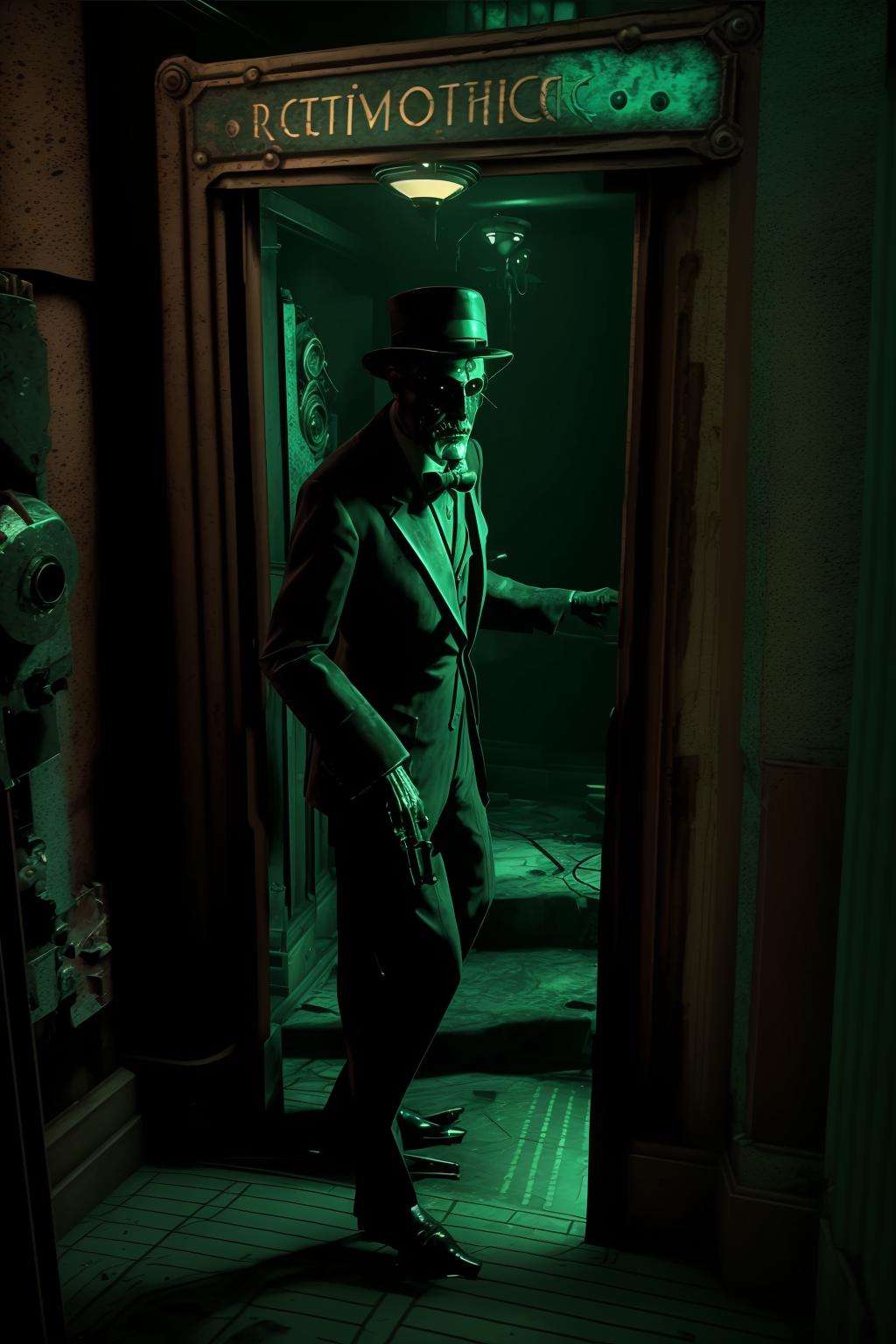 a creepy looking man standing in a room , a room with a lamp and a door , cinematic from Bioshock game series