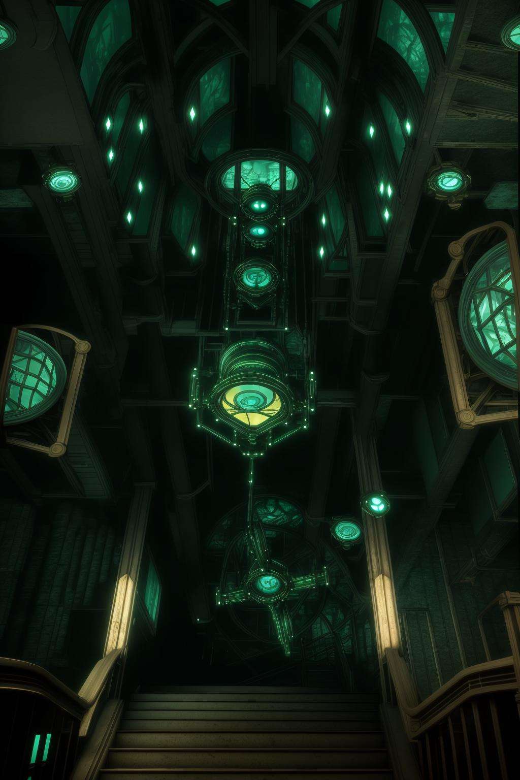 indoors, english text, no humans, window, scenery, stairs, fantasy, door, light, checkered floor , a bunch of televisions hanging from the ceiling , cinematic from Bioshock game series