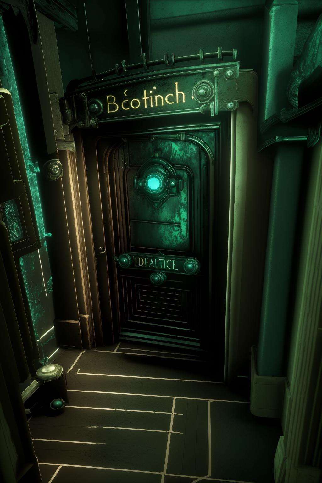 a room with a door and a chair in it , indoors, english text, no humans, scenery, door, light , cinematic from Bioshock game series