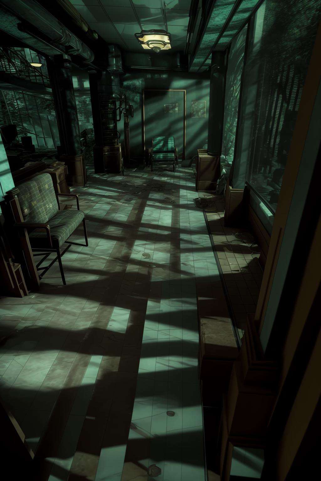 a room with a lot of furniture and a big window , indoors, no humans, chair, table, bottle, plant, scenery, tiles, lamp, tile floor, monitor , cinematic from Bioshock game series