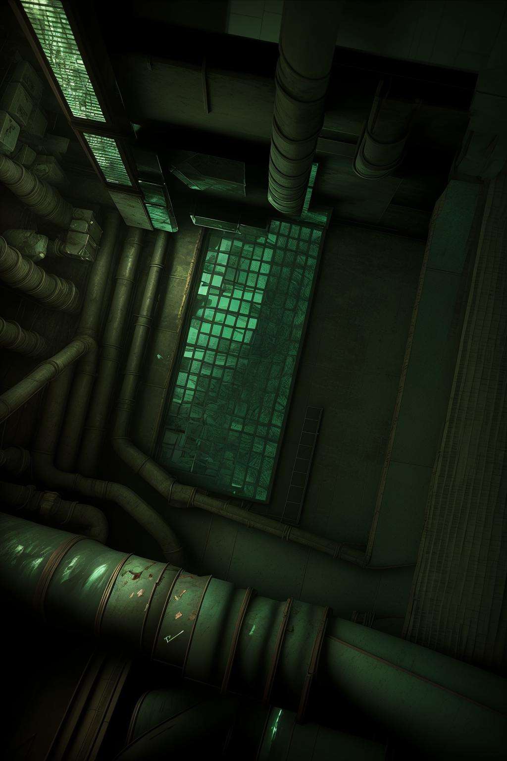 a dimly lit room with a window and a couch , indoors, no humans, window, scenery, reflection, door, electricity, light, broken glass, industrial pipe , cinematic from Bioshock game series