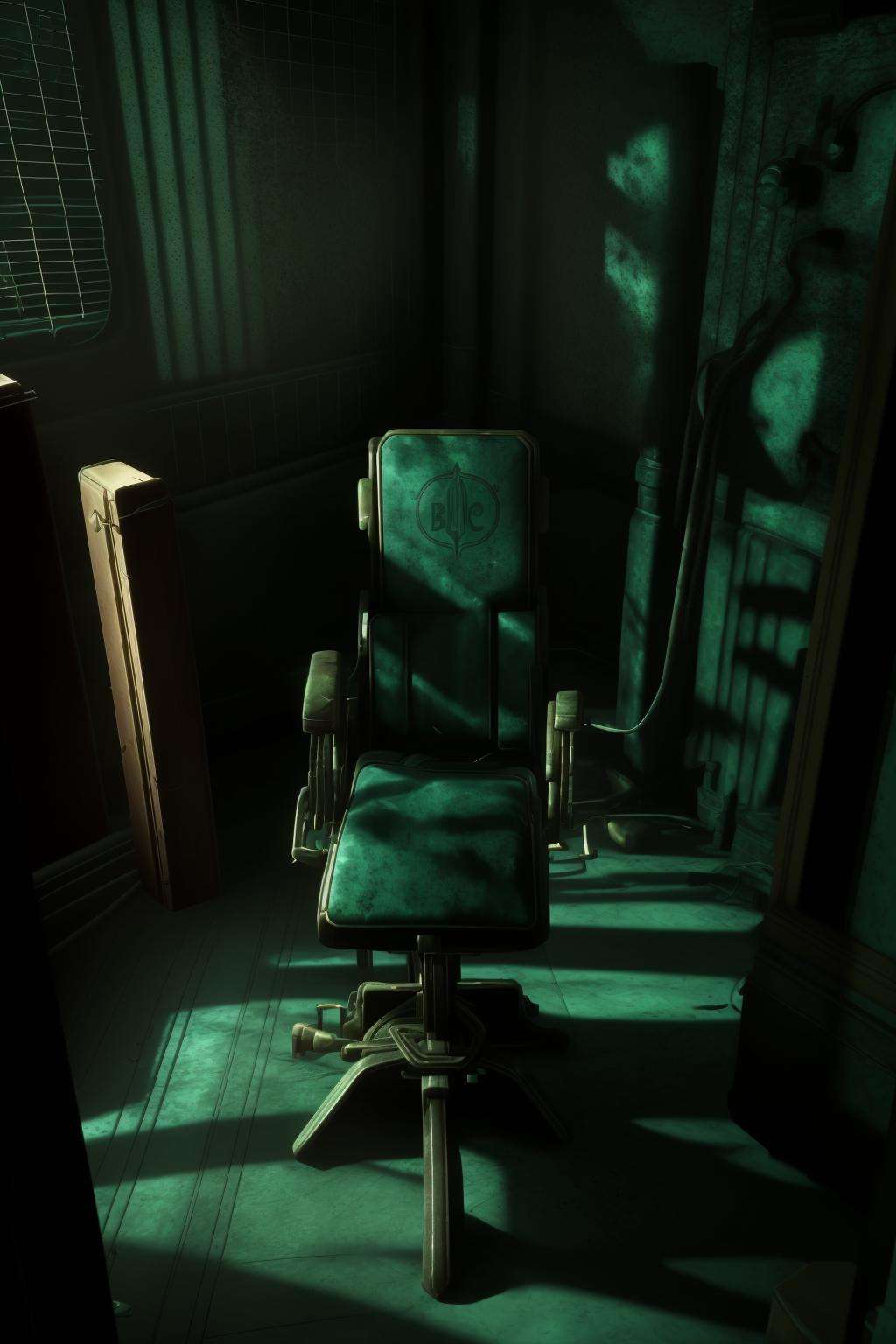 a room with a chair and a desk in it , indoors, pillow, no humans, bed, chair, scenery, cable , cinematic from Bioshock game series