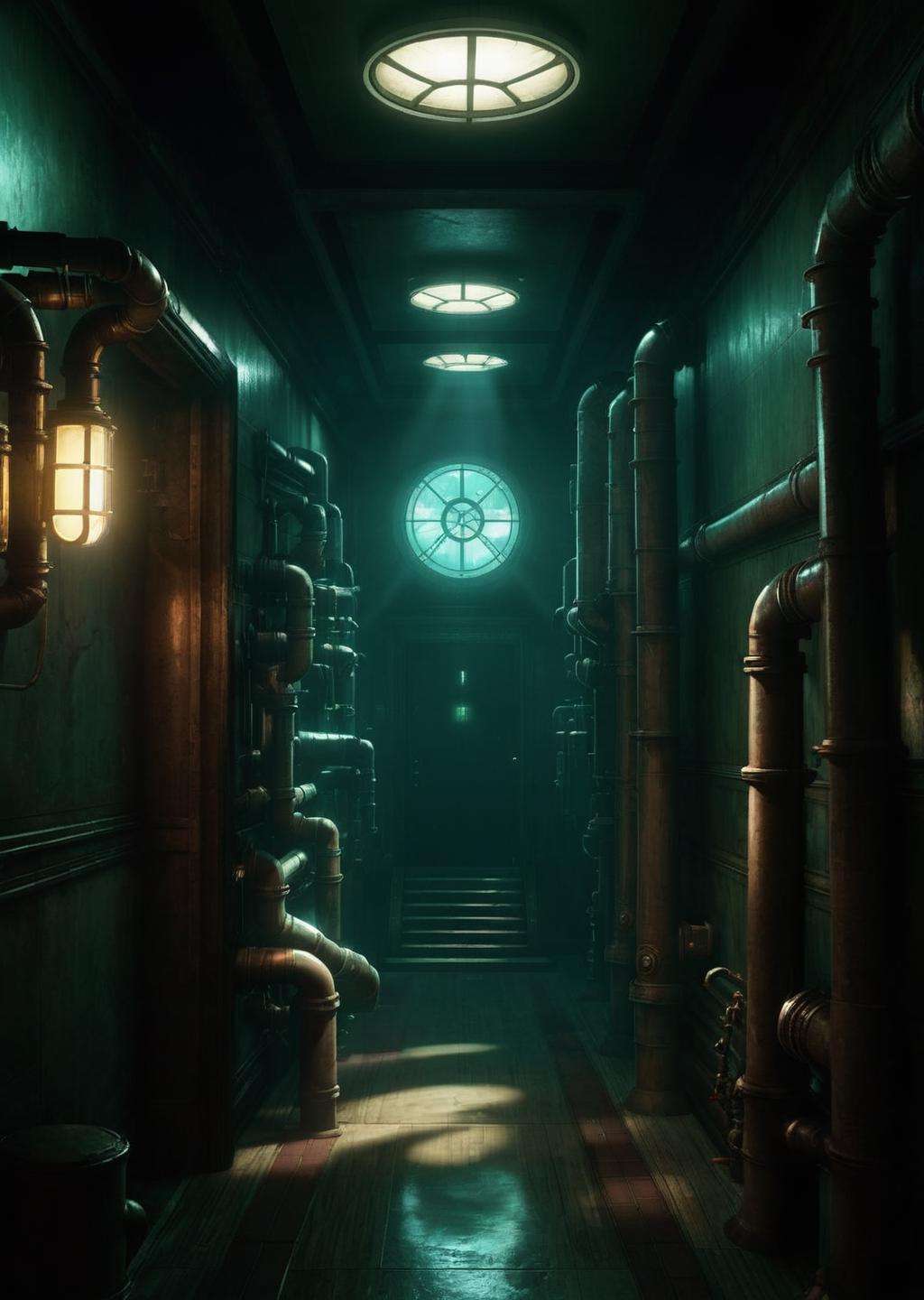 a dark hallway with a bunch of pipes , indoors, no humans, window, night, building, scenery, stairs, door, light, dark, hallway , cinematic from Bioshock game series, art deco, seedy, submarine<lora:Rapture:1.0>