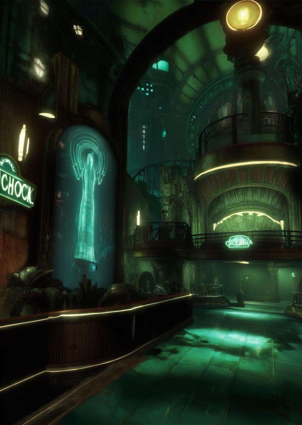 screencap of bioshock videogame, inspired by Rapture city, art deco , nvidia raytracing demo, concept art, cobra<lora:Rapture:1.0>