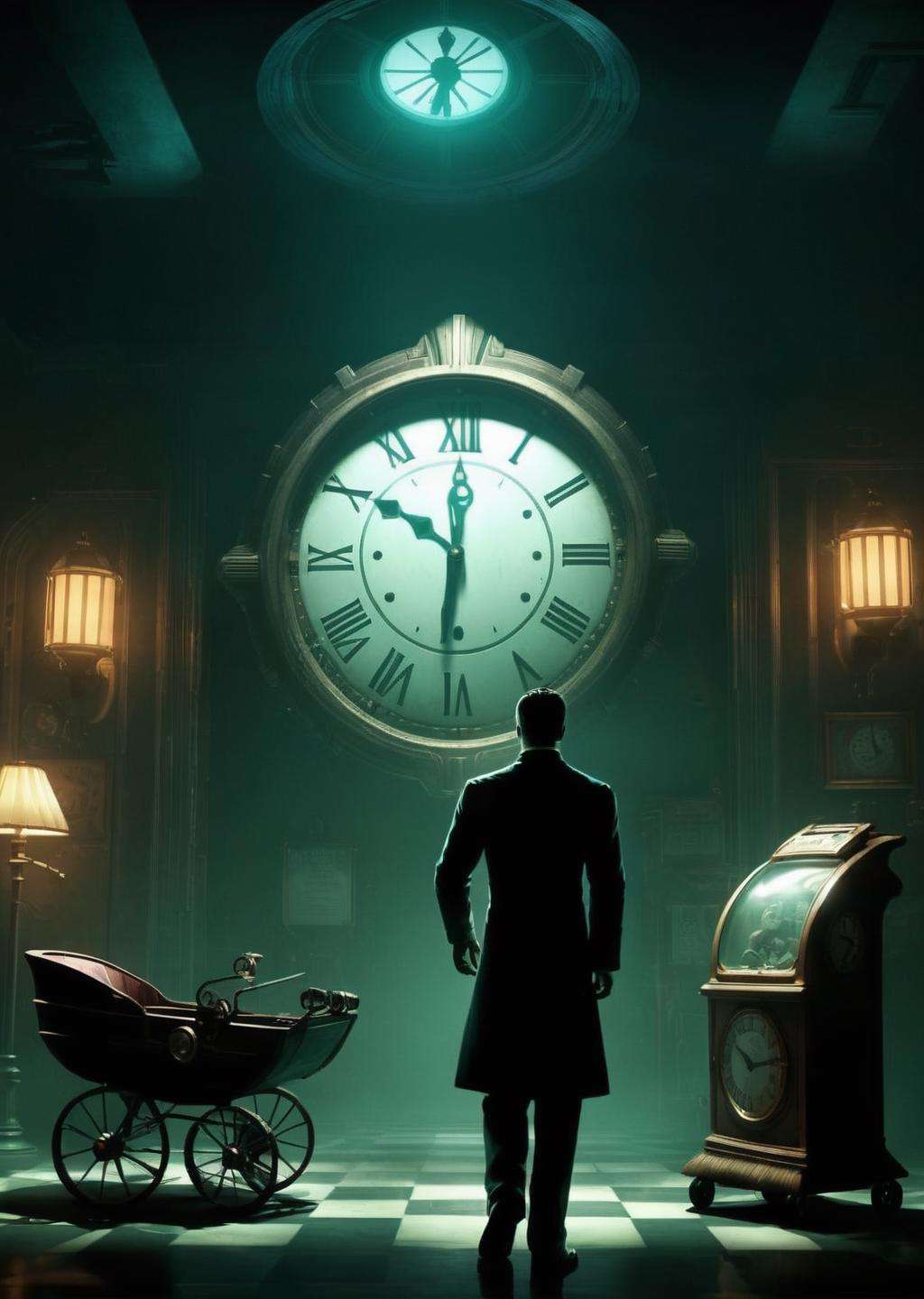 a man in a dark room with a clock , a room with a baby carriage and a sign , cinematic from Bioshock game series, art deco, seedy, submarine<lora:Rapture:1.0>