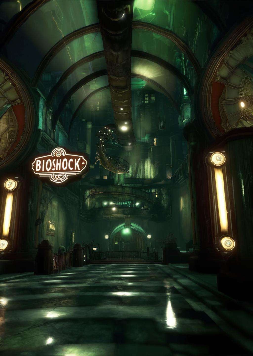 screencap of bioshock videogame, inspired by Rapture city, art deco , nvidia raytracing demo, concept art, cobra<lora:Rapture:1.0>