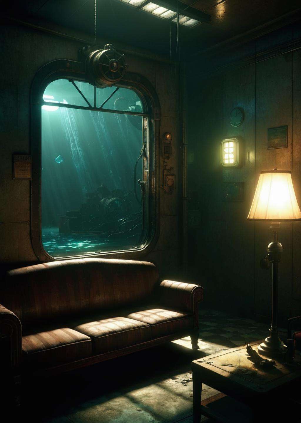 a dimly lit room with a window and a couch , indoors, no humans, window, scenery, reflection, door, electricity, light, broken glass, industrial pipe , cinematic from Bioshock game series, art deco, seedy, submarine<lora:Rapture:1.0>