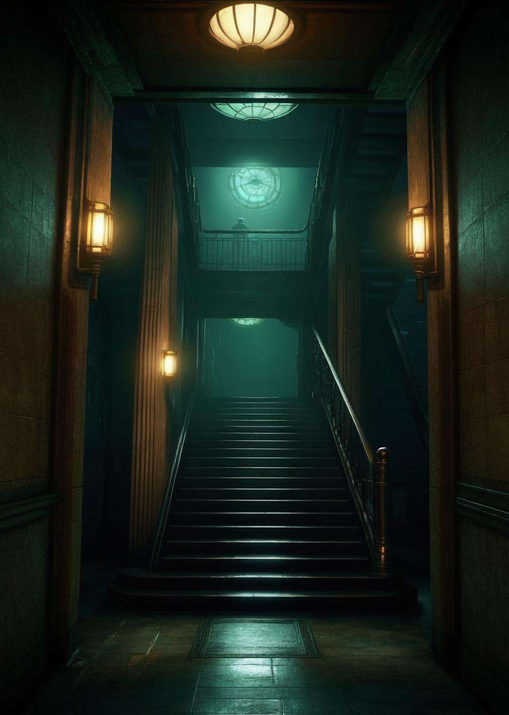 a dark hallway with a staircase and a set of stairs , indoors, no humans, window, night, building, scenery, stairs, door, light, dark, hallway , cinematic from Bioshock game series, art deco, seedy, submarine<lora:Rapture:1.0>