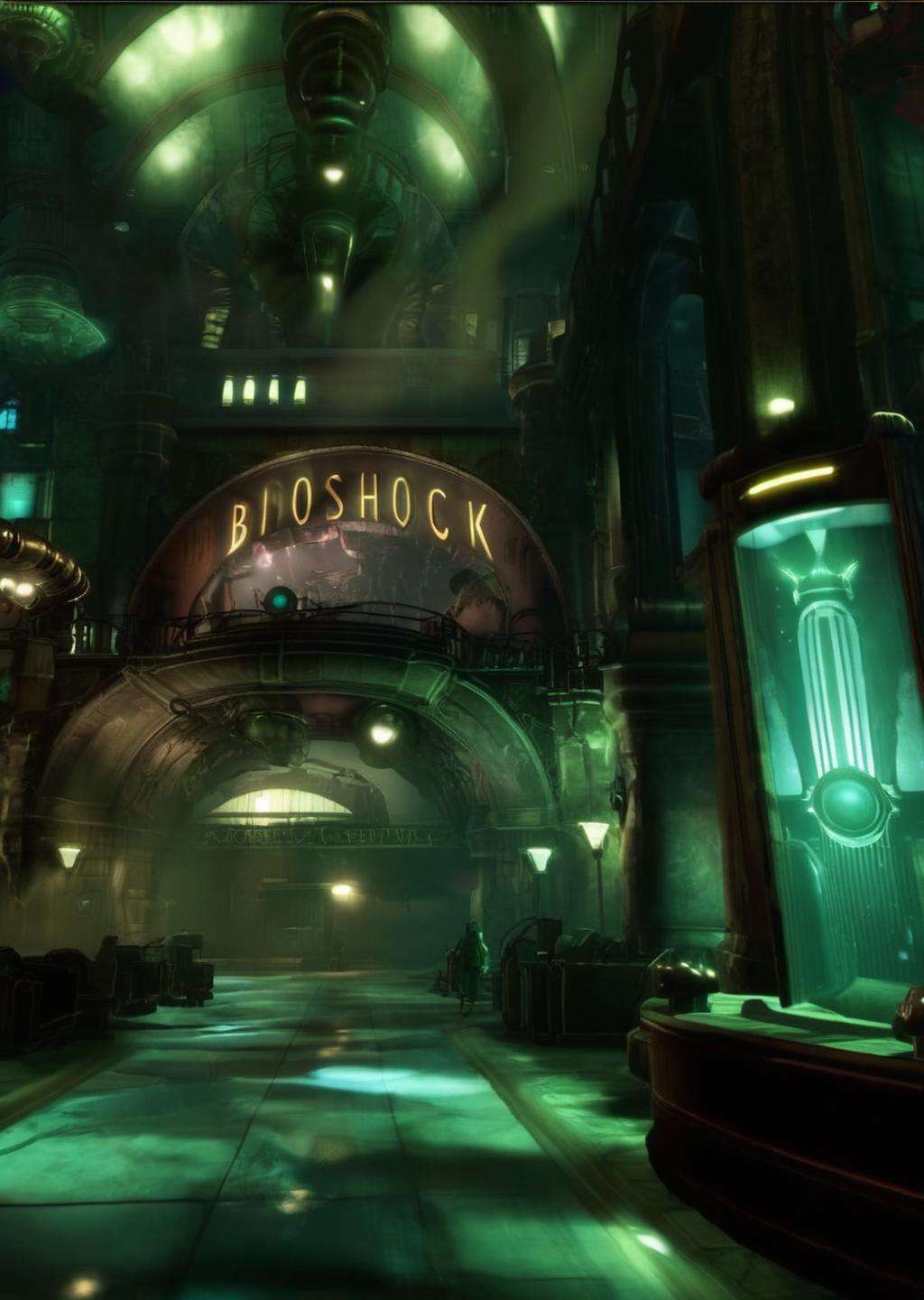 screencap of bioshock videogame, inspired by Rapture city, art deco , nvidia raytracing demo, concept art, cobra<lora:Rapture:1.0>