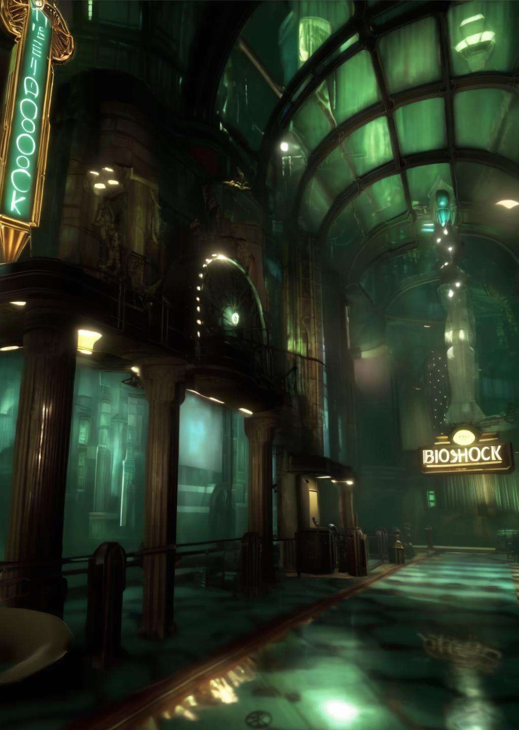 screencap of bioshock videogame, inspired by Rapture city, art deco , nvidia raytracing demo, concept art, cobra<lora:Rapture:1.0>