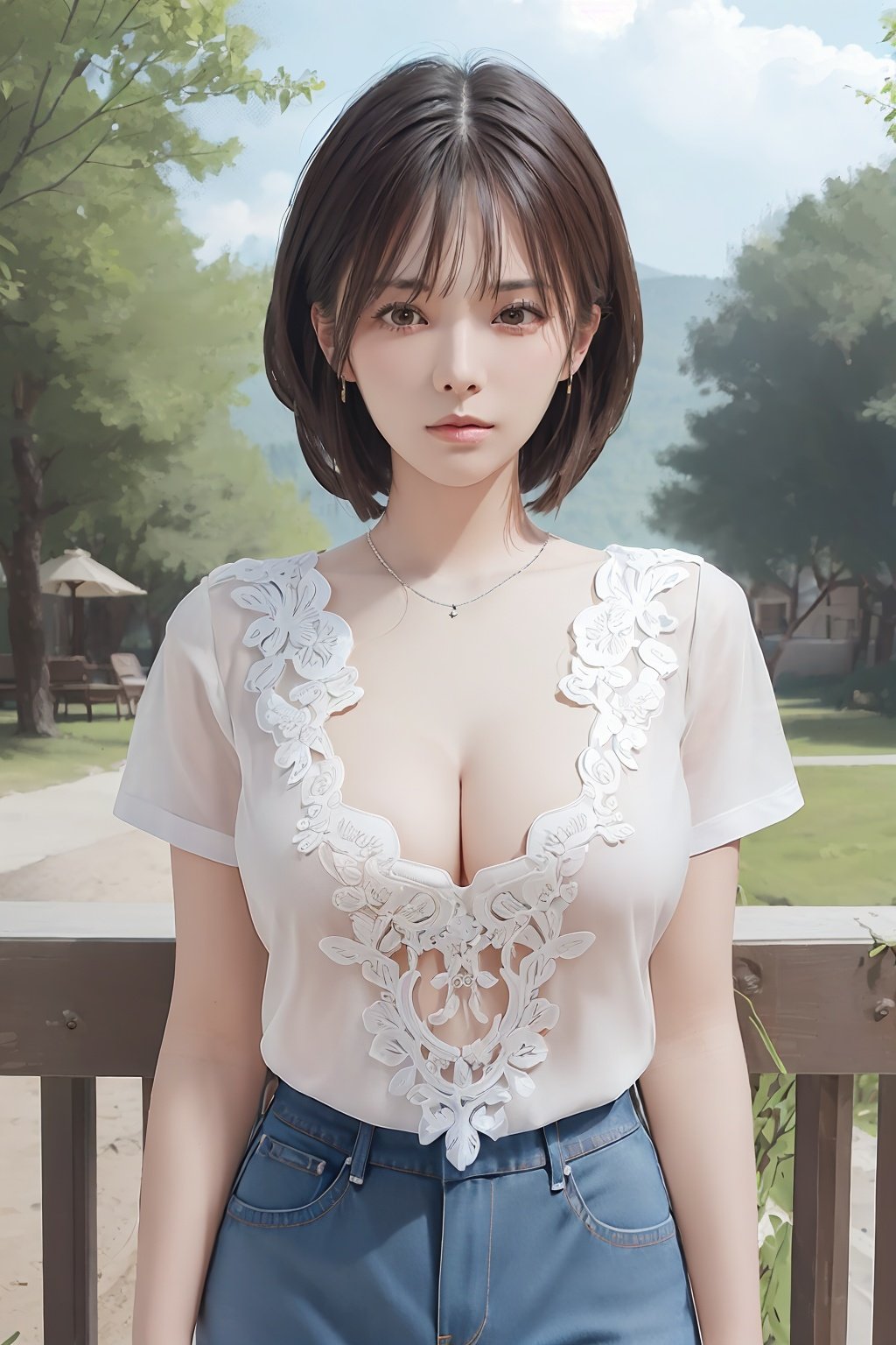 ((((ultra illustrated style:1.0)))),best quality,best animated,masterpiece,ray tracing, global illumination,white lace,head, I-type Valley,cleavage,1girl, solo, standing, outdoors, cowboy shot,looking at viewer,t-shirt,   <lora:Hoshizaki Ao_07:0.5> <lora:I-type Valley:0.5> <lora:white lace:0.8>