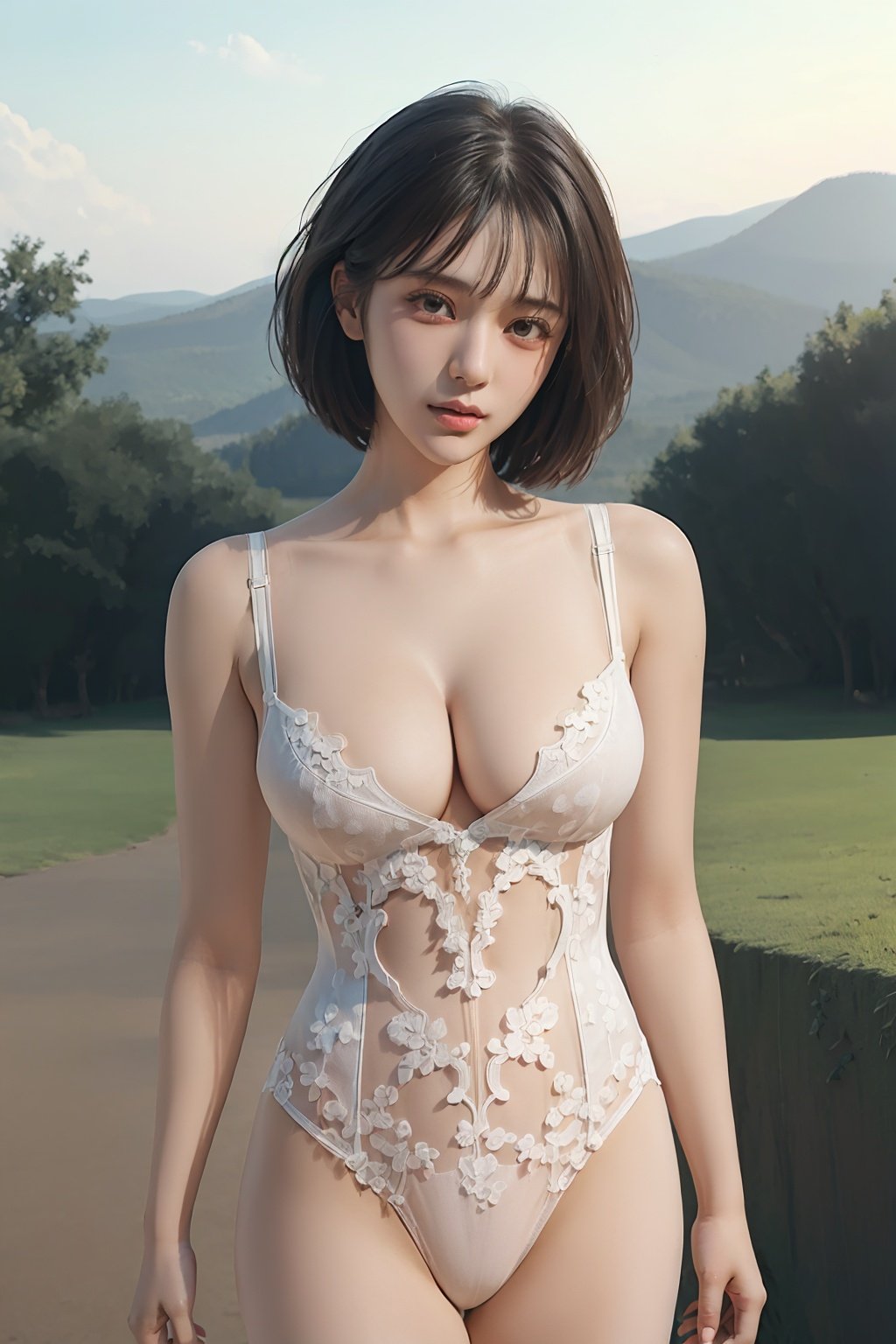 ((((ultra illustrated style:1.0)))),best quality,best animated,masterpiece,ray tracing, global illumination,white lace,head, I-type Valley,cleavage,1girl, solo, standing, outdoors, cowboy shot,looking at viewer,athletic leotard,   <lora:Hoshizaki Ao_07:0.5> <lora:I-type Valley:0.5> <lora:white lace:0.6>