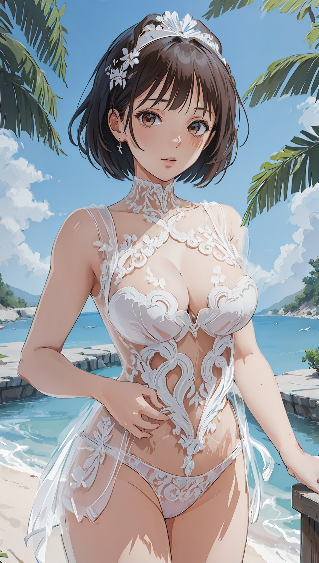 ((((ultra illustrated style:1.0)))),best quality,best animated,masterpiece,ray tracing, global illumination,white lace,head, I-type Valley,cleavage,1girl, solo, standing, outdoors, upper body,looking at viewer,athletic leotard <lora:Hoshizaki Ao_07:0.5> <lora:I-type Valley:0.5>