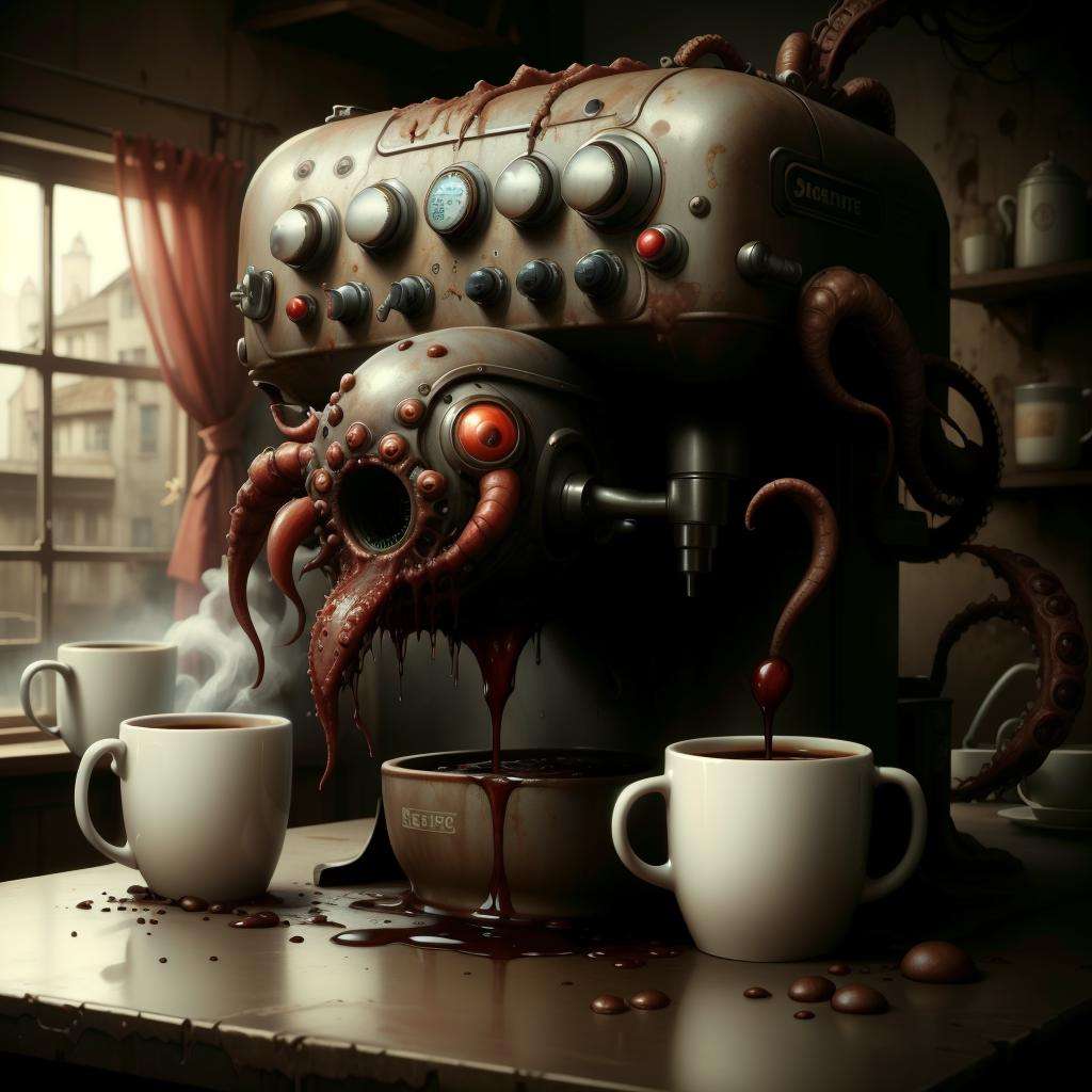 <lora:DreadTech-20:0.7>,dreadtech , disturbing, scifi, coffee machine , coffee mug, 